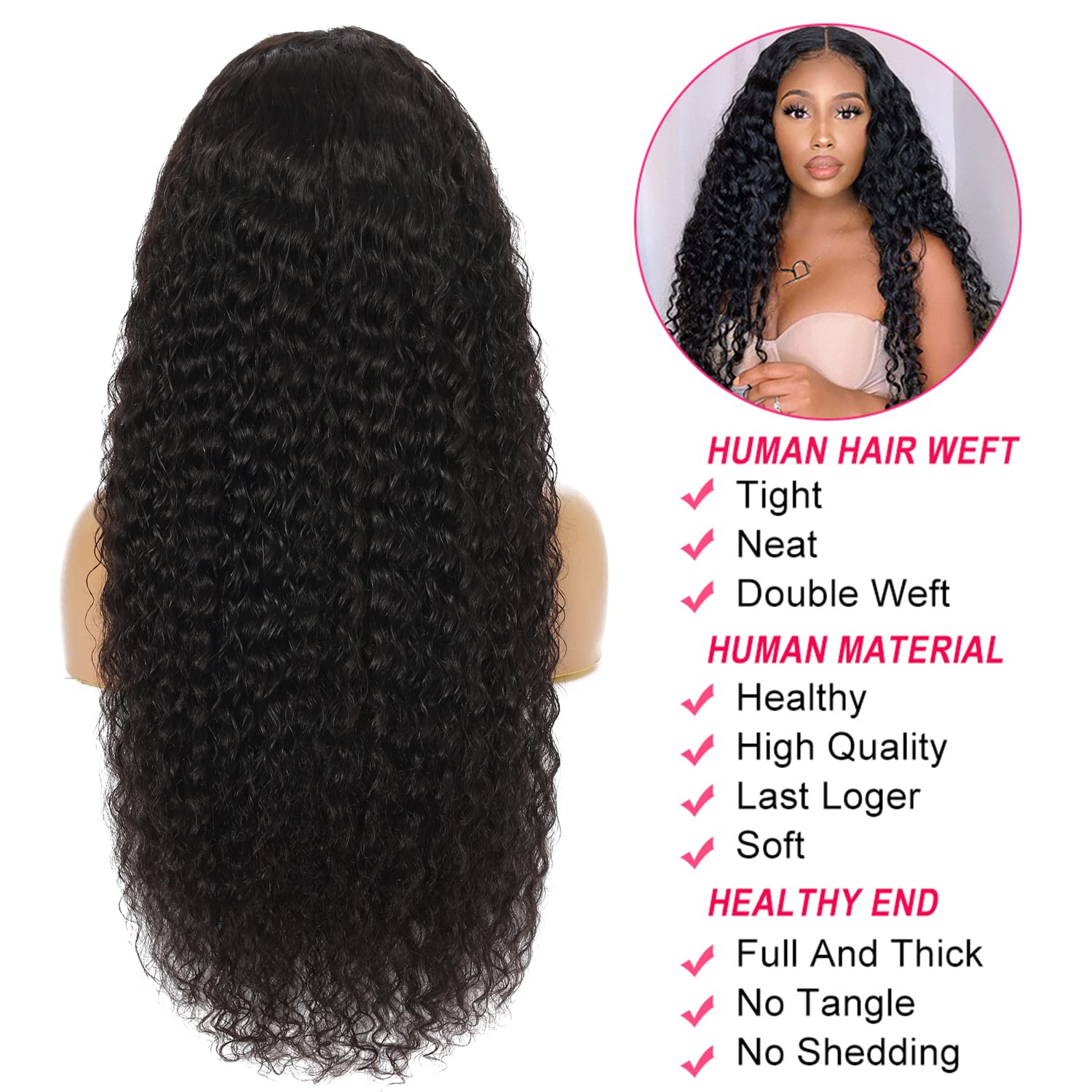 Deep wavy lace front wig, real hair density 180, density 13x4, HD transparent forehead wig, women's deep curly wig, glue-free, real hair, pre-plucked, contains baby hair, natural black, 20 inches.