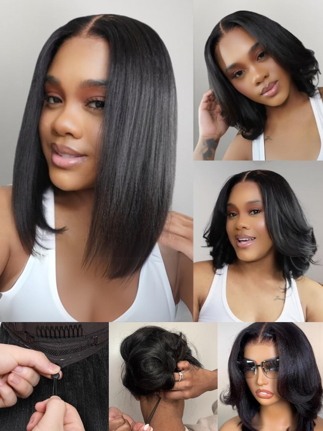 Nadula Yaki Straight Bob Drawstring Wig, Real Hair, Glue-Free, Pre-cut 7x5 HD Bye Bye Knots Lace Front Wig, Real Hair, Pre-picked Invisible Knots, Short Yaki Bob Wig, 150% Density, 12 Inches (approx. 30.5 cm).