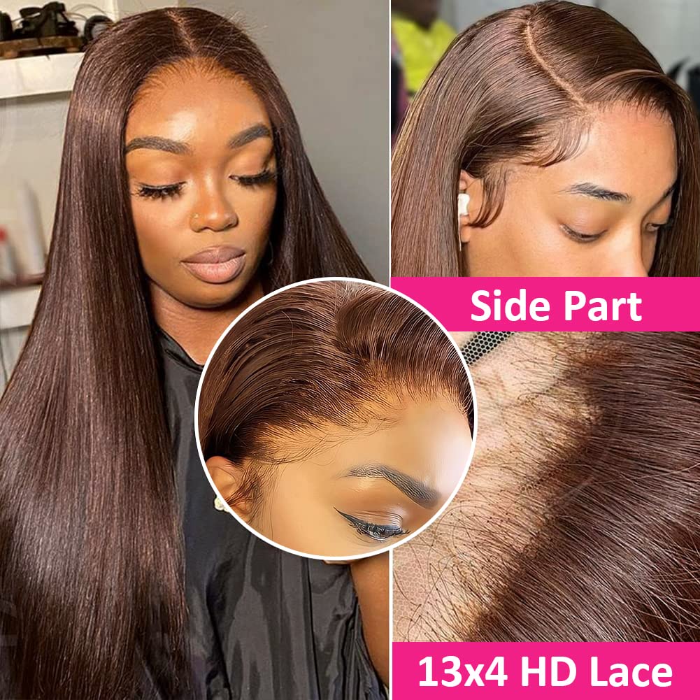 Hermosa 13x4 Chocolate Brown Lace Front Wig, 180 Density, Straight Lace Front Wig, Pre-pickled Hairline #4, Brown Wig, 26 Inches
