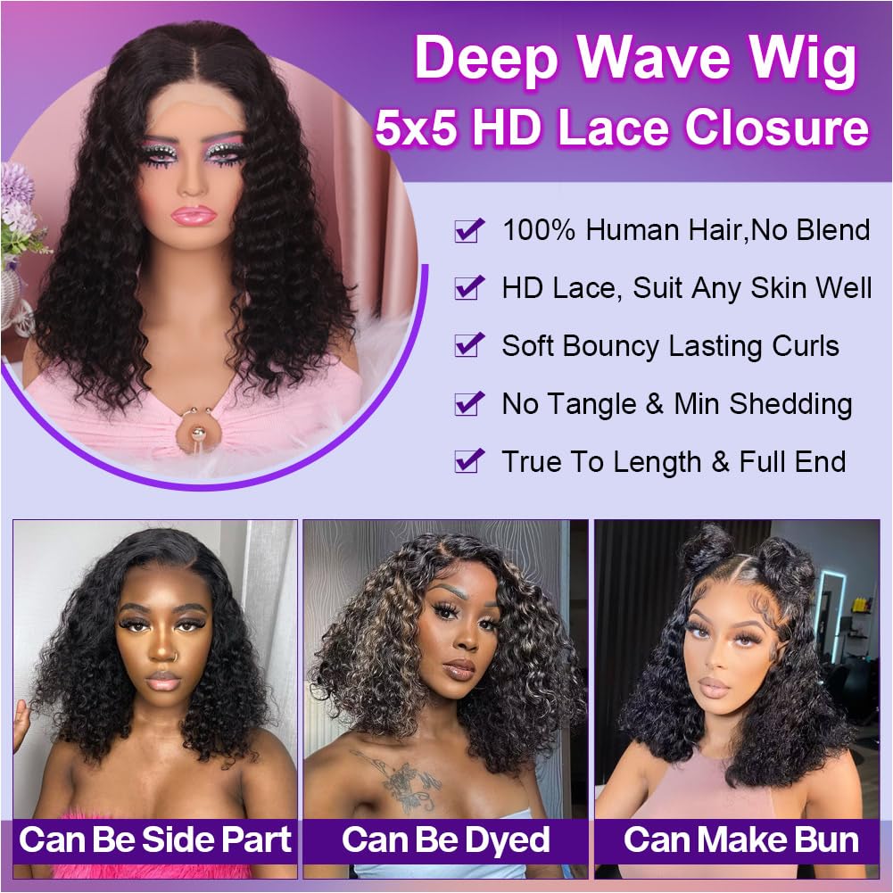 Curly Bob Wig, Real Hair 200, Density 5x5, High-Quality Lace Closed Deep Wave Wig, Suitable for Black Women, Glue-Free, Wear-Resistant, Pre-Pulled Deep Wave, Wet Wave, Glue-Free Wig, Real Hair, Natural Black, 14 Inches