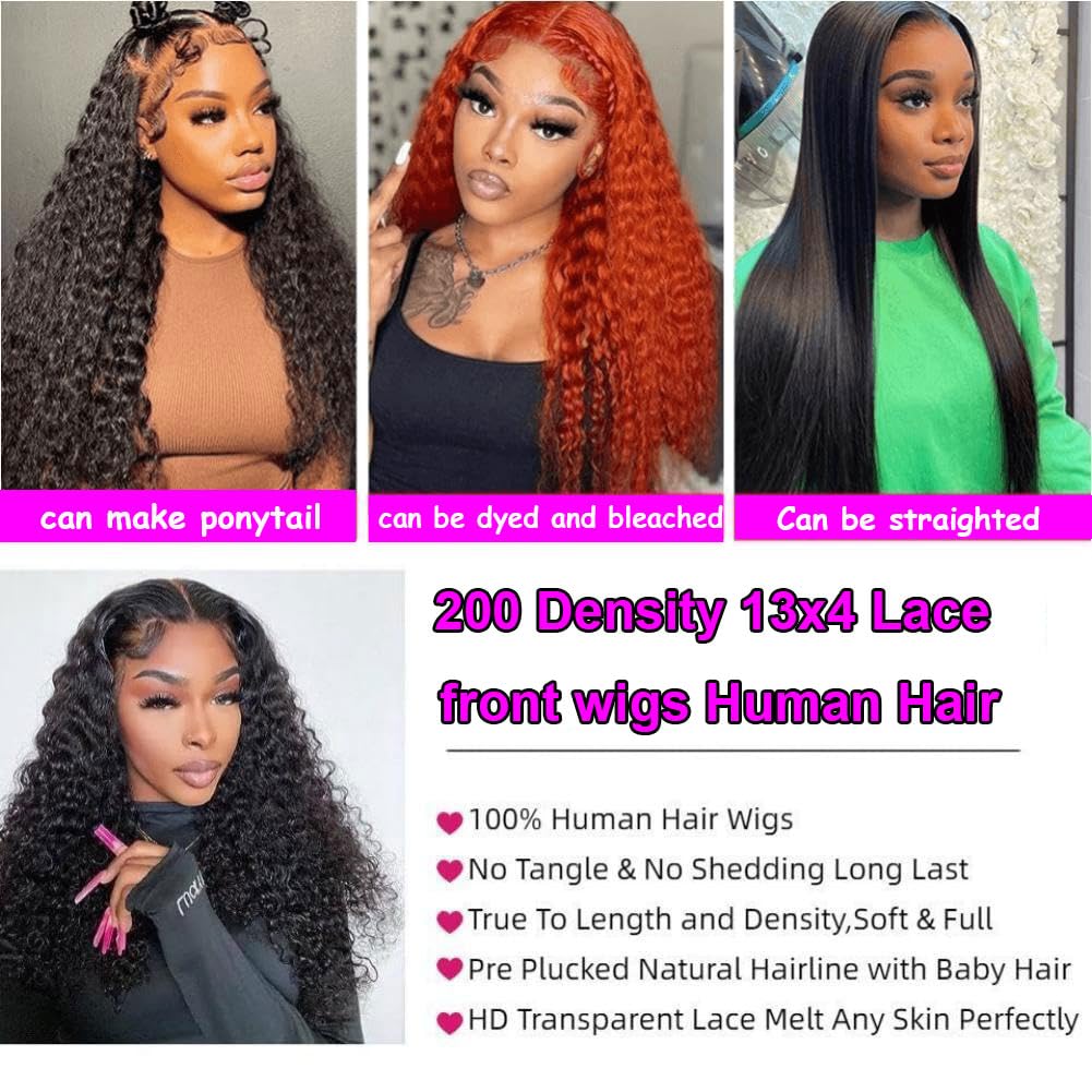 Rozilo Aomllute 30-inch (approx. 30 cm) Deep Wavy Lace Front Wig, Real Hair Density 200, Density 13x4, High-Definition Lace Front Wig, Real Hair, Pre-Pulled Deep Curl, Glue-Free Wig, Women's Real Hair, Natural Black