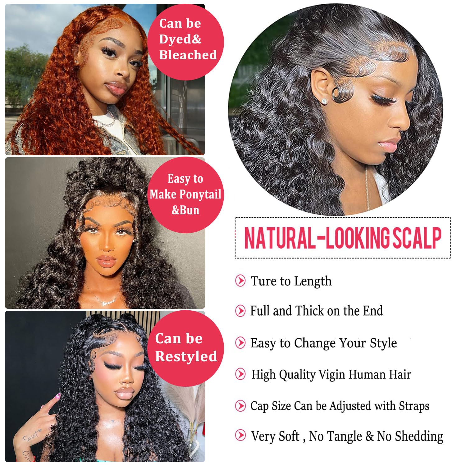 28-inch (approx. 28 cm) deep wavy lace front wig, 200% real hair density, 13x4 high-definition lace front wig, pre-puffed real hair, deep curl wig, women's style, natural black.