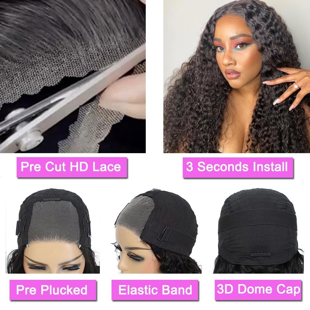 Wear and Go Glue-Free Real Hair Pre-Cut Lace Wig Suitable for Black Women 180 Density Water Wave Bob Wig Real Hair Curls (20 inches)