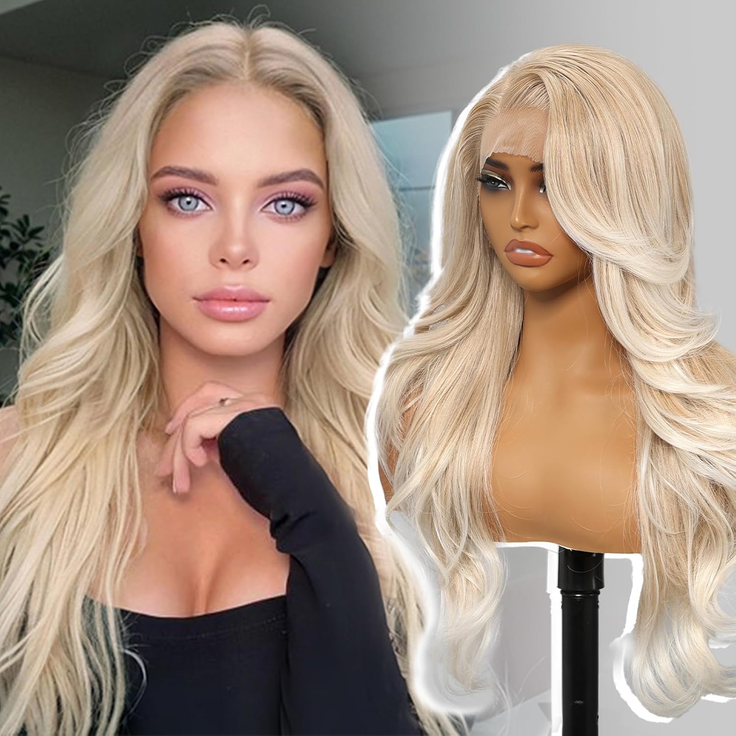 Blonde synthetic lace wig, 13x4 high-definition lace layered wave wig without glue, suitable for women's daily use, 26 inches (approximately 50.6 cm).