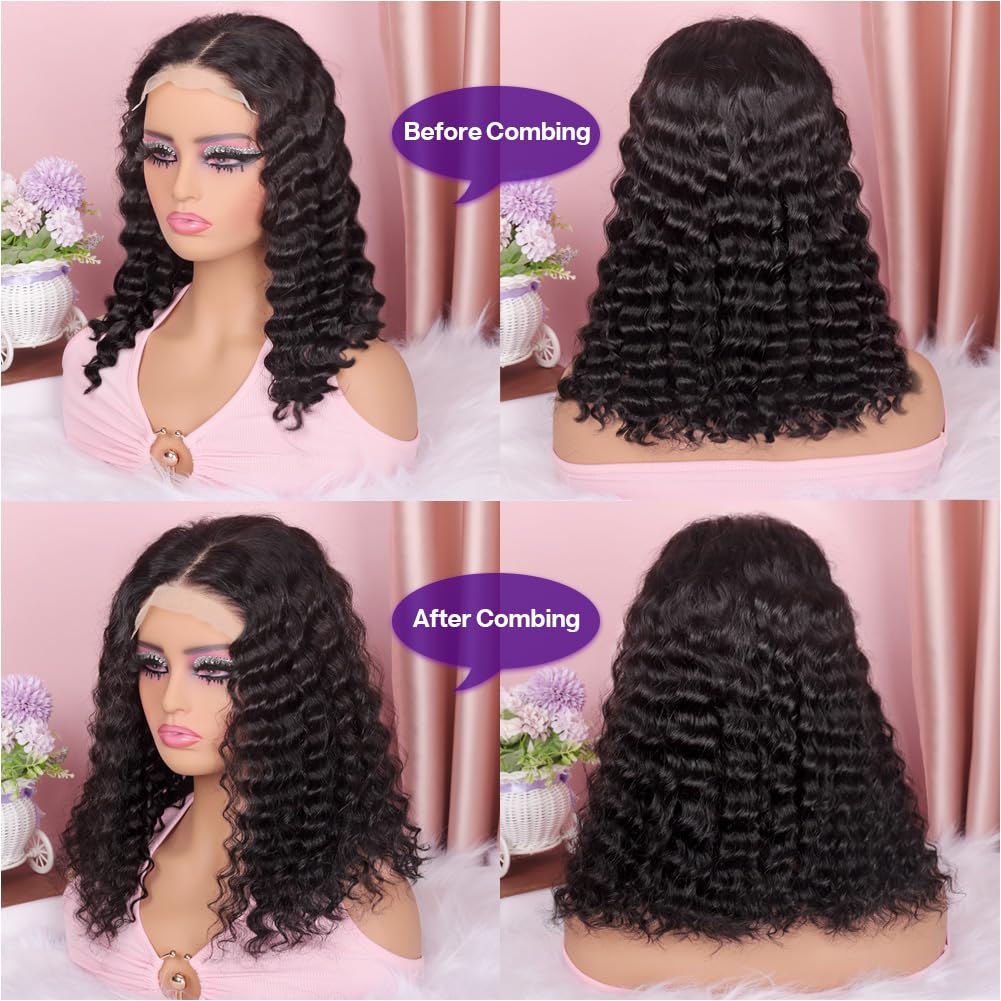 Curly Bob Wig, Real Hair 200, Density 5x5, High-Quality Lace Closed Deep Wave Wig, Suitable for Black Women, Glue-Free, Wear-Resistant, Pre-Pulled Deep Wave, Wet Wave, Glue-Free Wig, Real Hair, Natural Black, 14 Inches