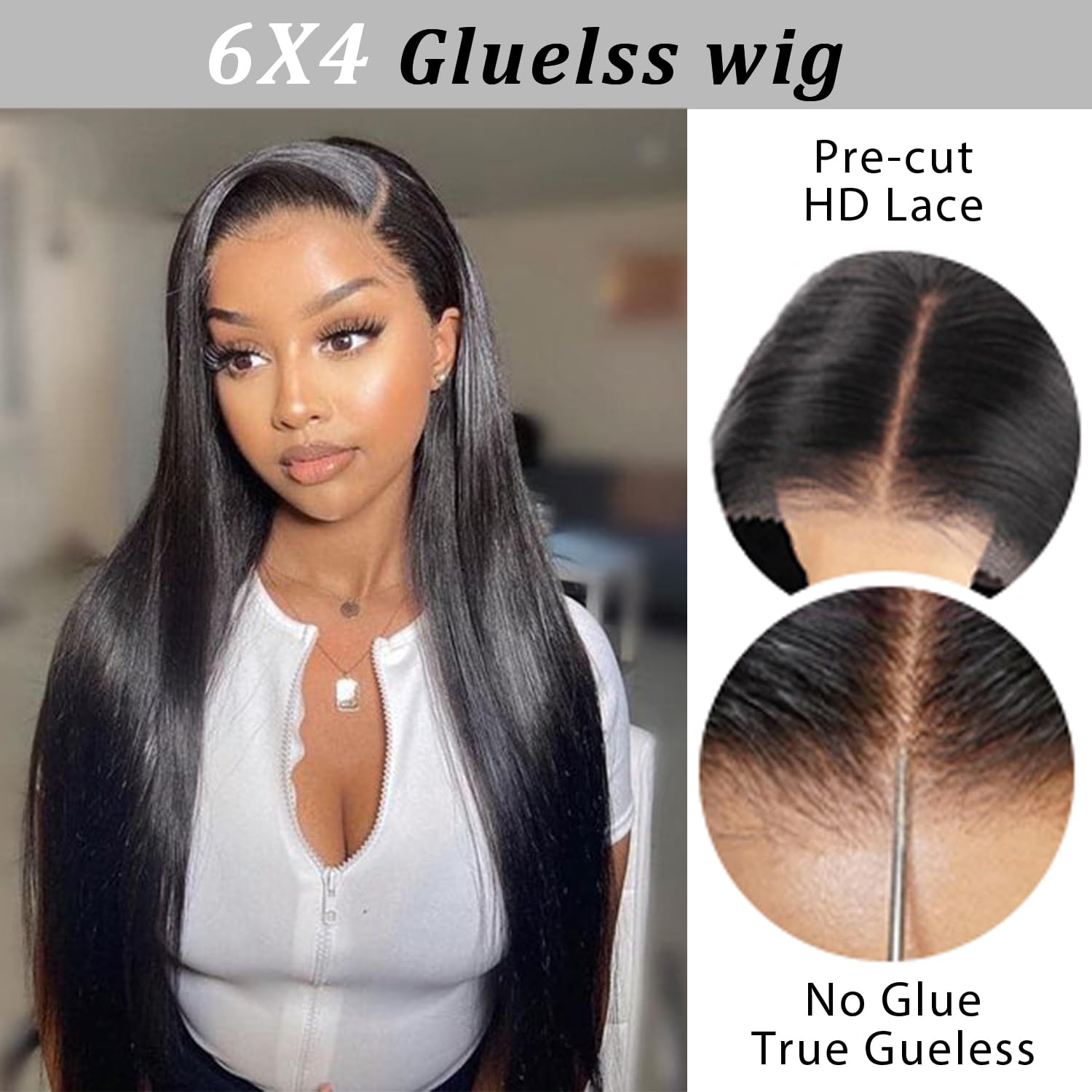 Glue-free, real hair, pre-cut, 6x4cm, straight hair with lace front, 20-inch high-definition lace front wig for women, 180% density, durable, wear-resistant, glue-free wig, black.