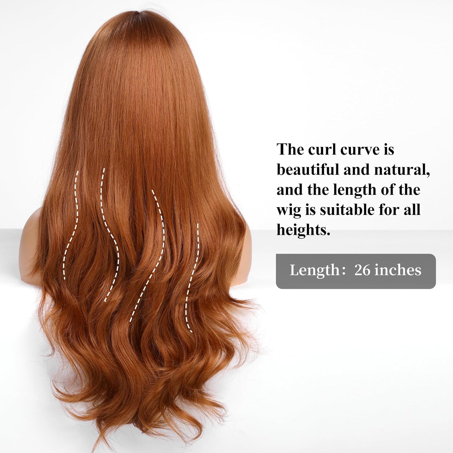 HAIRCUBE Auburn Wig with Bangs, Women's Long Curly Synthetic Wig, Suitable for Girls' Everyday Wear and Parties