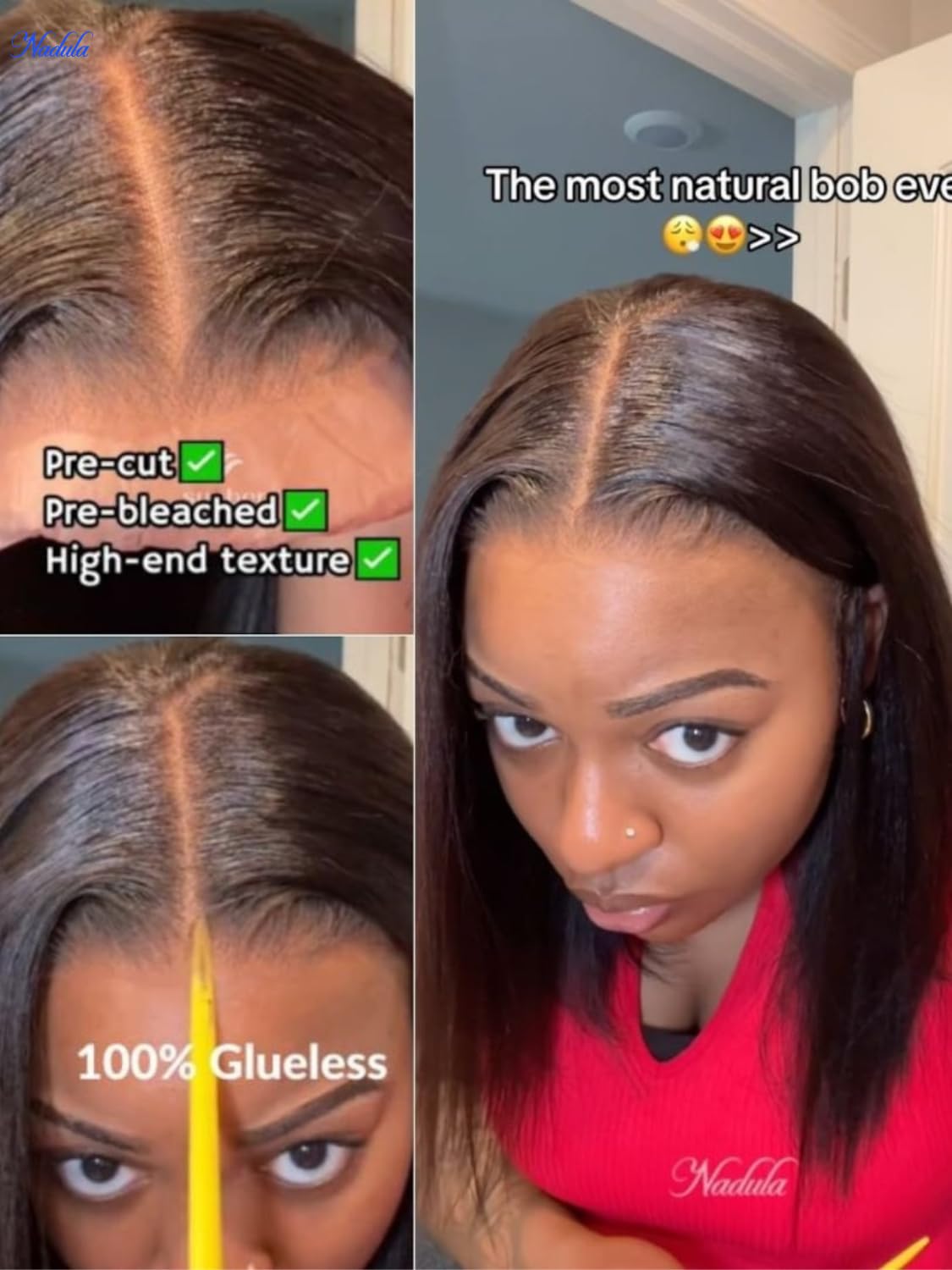 Nadula Yaki Straight Bob Drawstring Wig, Real Hair, Glue-Free, Pre-cut 7x5 HD Bye Bye Knots Lace Front Wig, Real Hair, Pre-picked Invisible Knots, Short Yaki Bob Wig, 150% Density, 12 Inches (approx. 30.5 cm).