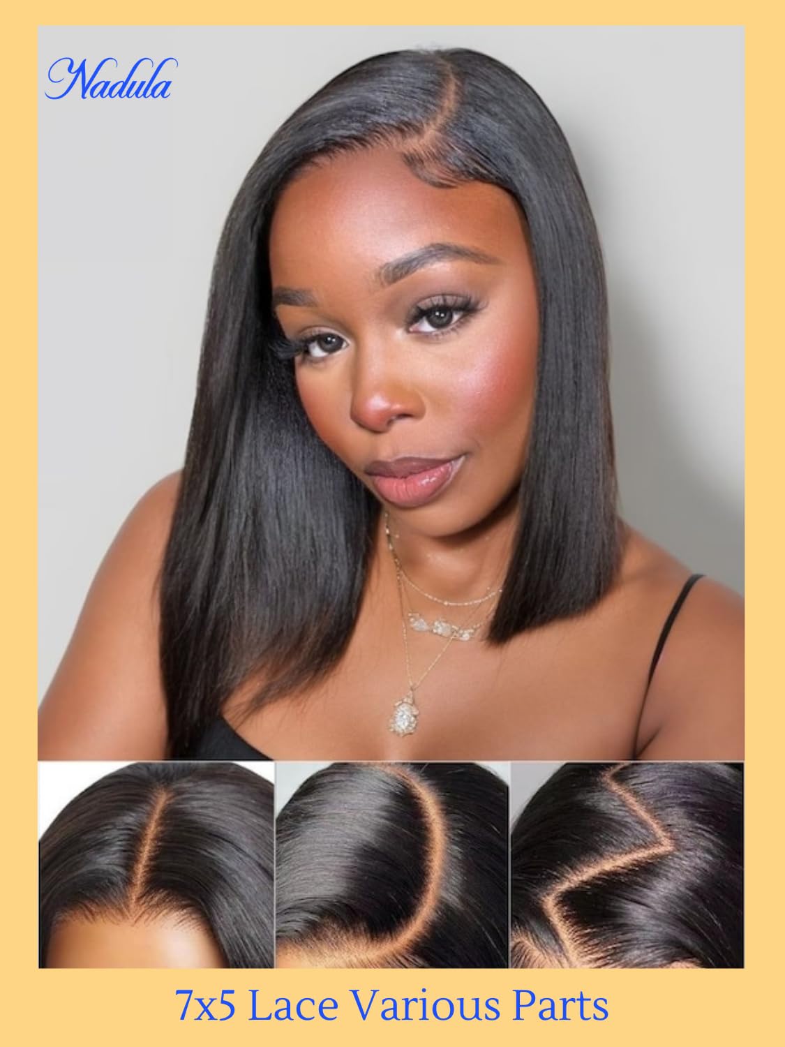 Nadula Yaki Straight Bob Drawstring Wig, Real Hair, Glue-Free, Pre-cut 7x5 HD Bye Bye Knots Lace Front Wig, Real Hair, Pre-picked Invisible Knots, Short Yaki Bob Wig, 150% Density, 12 Inches (approx. 30.5 cm).