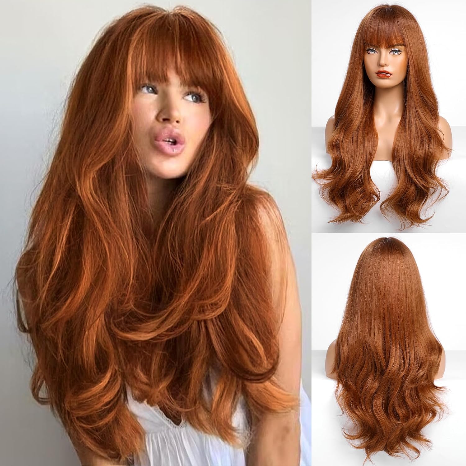HAIRCUBE Auburn Wig with Bangs, Women's Long Curly Synthetic Wig, Suitable for Girls' Everyday Wear and Parties