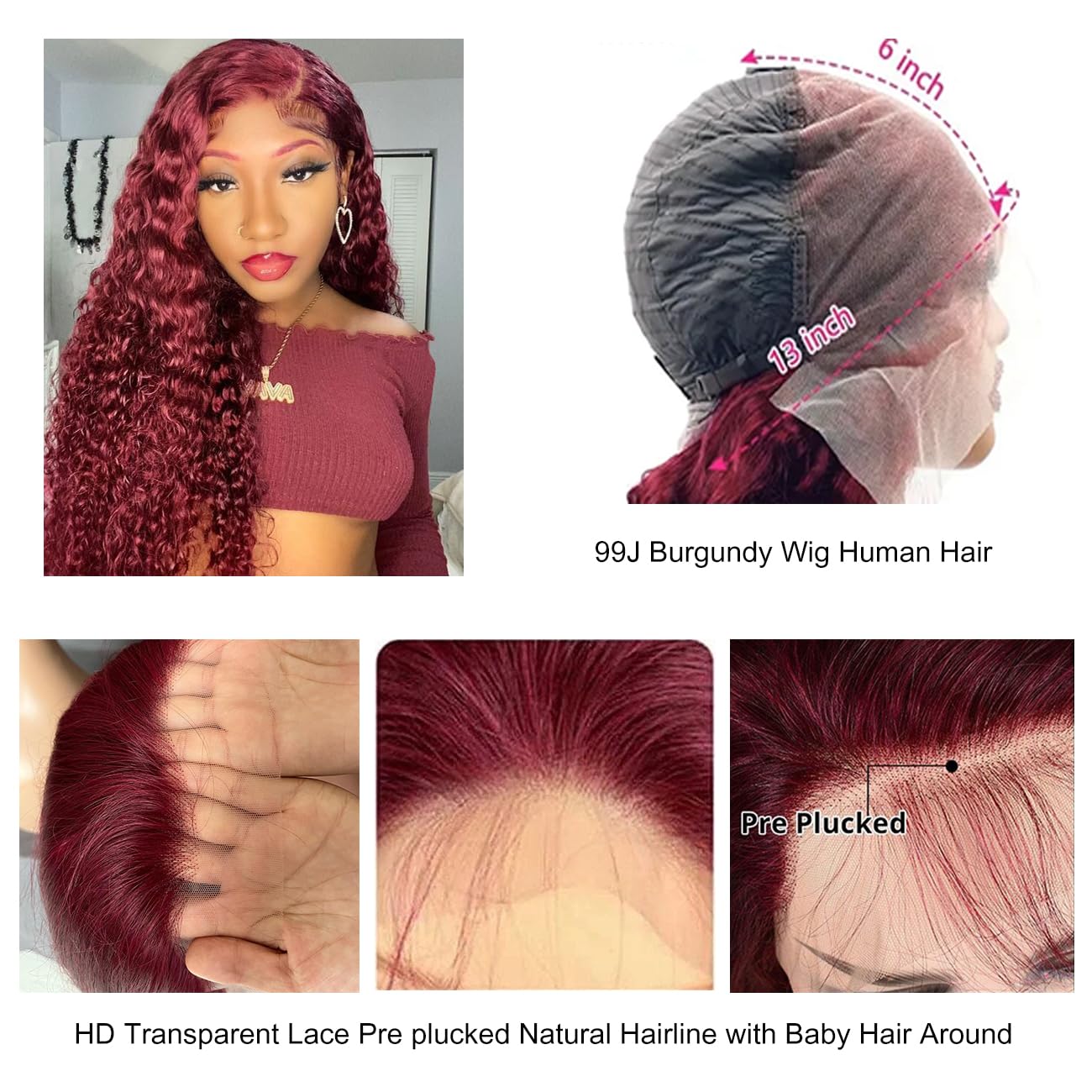 Burgundy wig, 99% real human hair, burgundy, 13x6cm, deep wavy lace front wig, pre-plucked real hair, HD, transparent lace front wig, suitable for Black women, red wig, 20 inches.