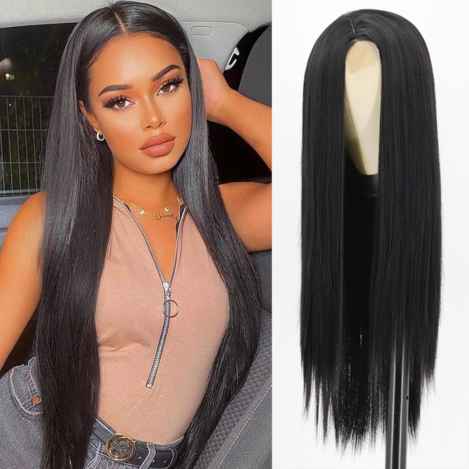 Xinran Women's Long Straight Black Wig, Synthetic Black Straight Wig, Natural Black Long Wig, 30 inches (approx. 76.2 cm) (Black)