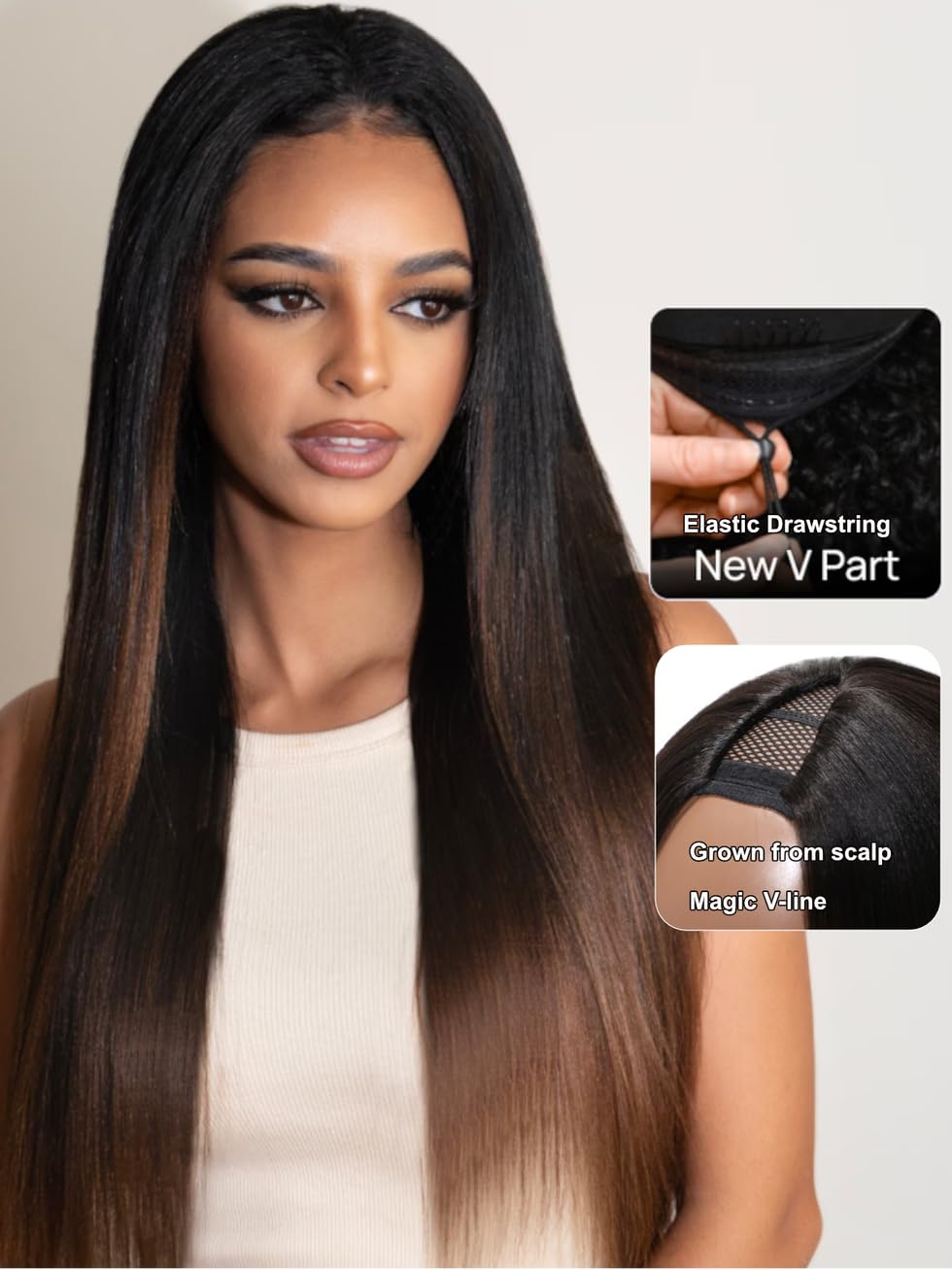 UNICE V Part Wigs - Real Hair Yaki Straightener, Vpart, Glue-Free, Seamless, Gradient Chestnut Brown, Suitable for Beginners, 150% Density, 18 Inches (Approx. 45.7 cm)