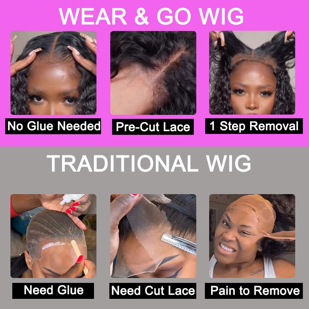 Wear and Go Glue-Free Real Hair Pre-Cut Lace Wig Suitable for Black Women 180 Density Water Wave Bob Wig Real Hair Curls (20 inches)