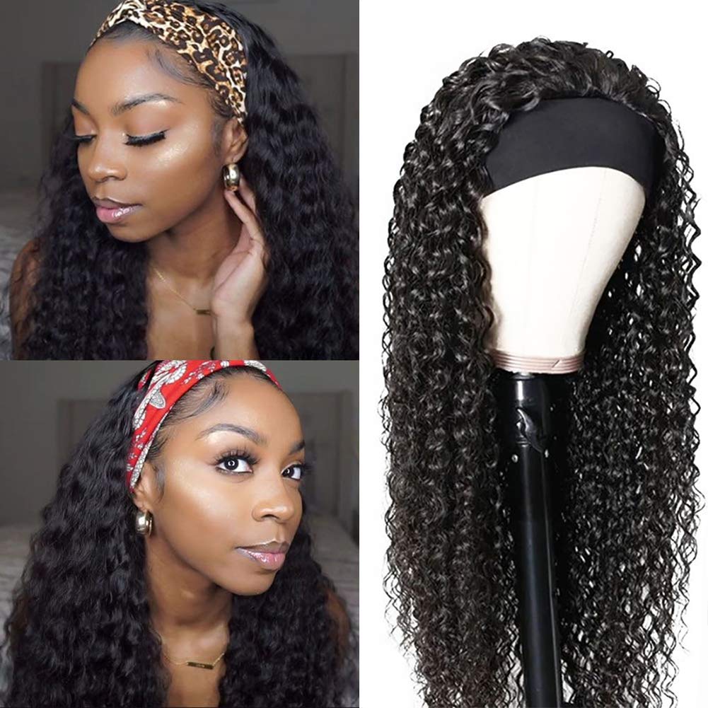 XSY headband wig, real human hair, deep wave, 24 inches (approx. 50.8 cm), undyed/unpermed, Brazilian, no lace, front wig, glue-free, machine-made, suitable for Black women, natural color.