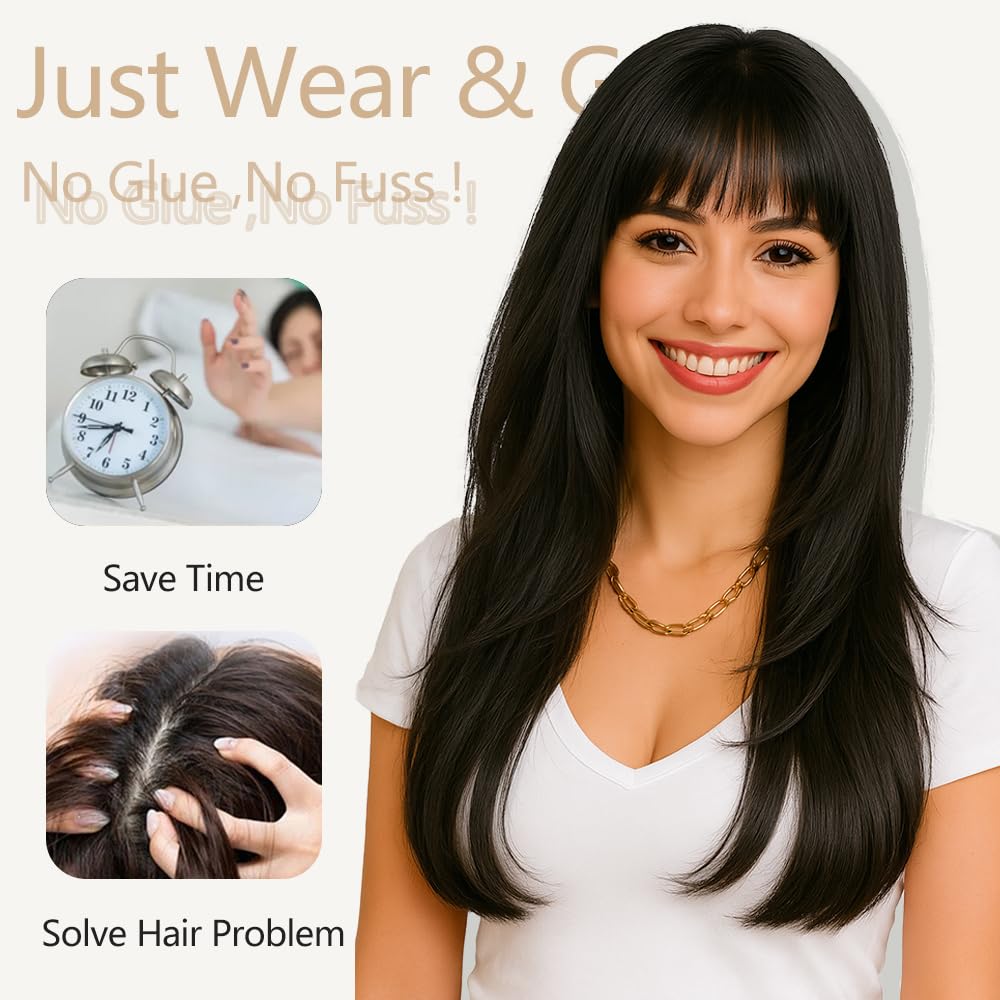 Long black wig with bangs, synthetic heat-resistant layered style, suitable for everyday wear and parties.