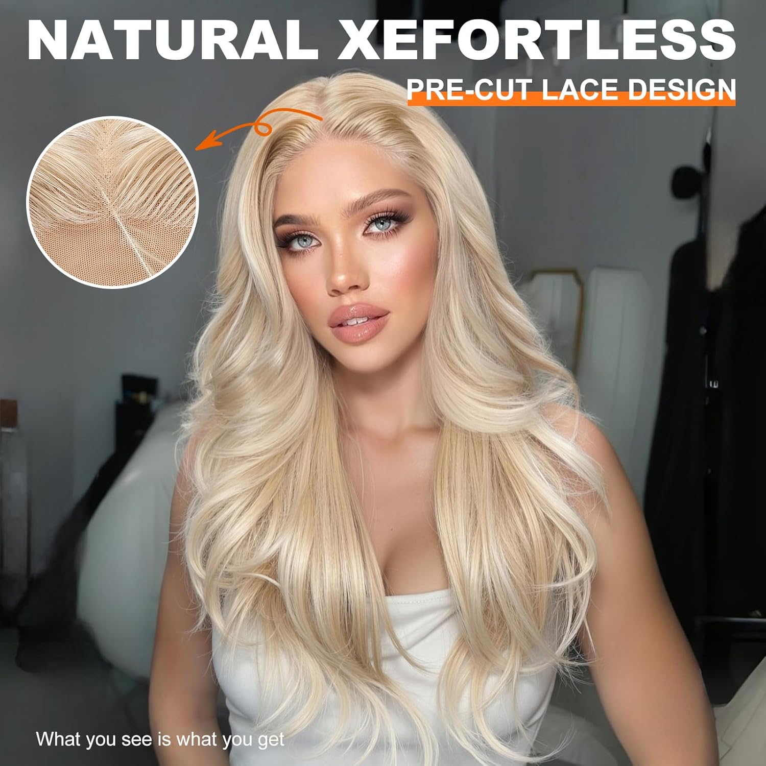 Blonde synthetic lace wig, 13x4 high-definition lace layered wave wig without glue, suitable for women's daily use, 26 inches (approximately 50.6 cm).