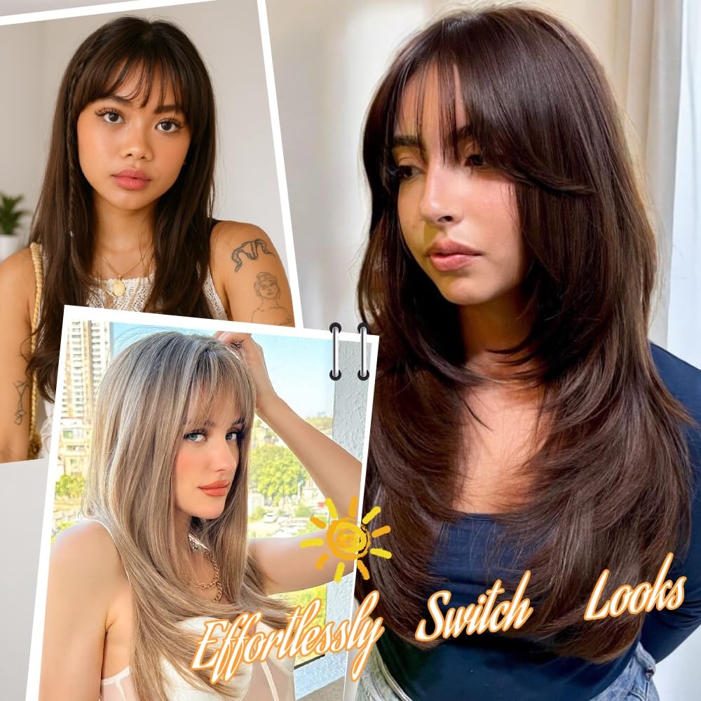 Long black wig with bangs, synthetic heat-resistant layered style, suitable for everyday wear and parties.