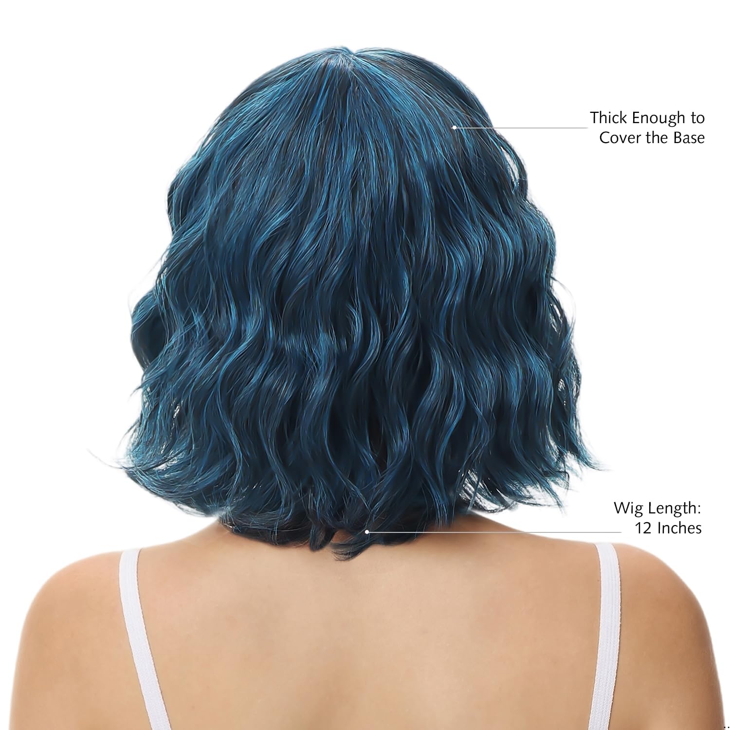 Rose Bud wavy bob wig with bangs, natural blue synthetic hair, shoulder length, short curly wig for women.v