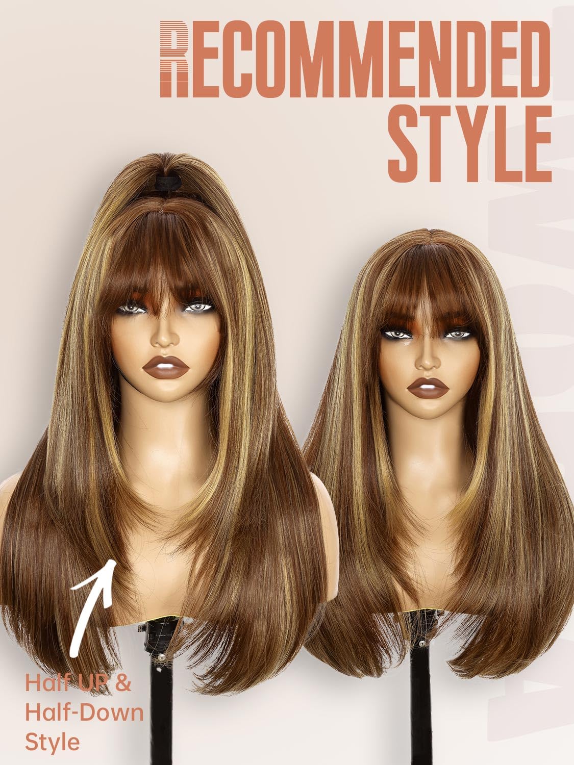 Highlight Caramel Gold Glue-Free Lace Wig for Women | 26-inch Long Straight Synthetic Wig with Curtain Bangs | Heat-resistant, Wear-resistant, No Glue Required | Suitable for Cosplay and Everyday Use