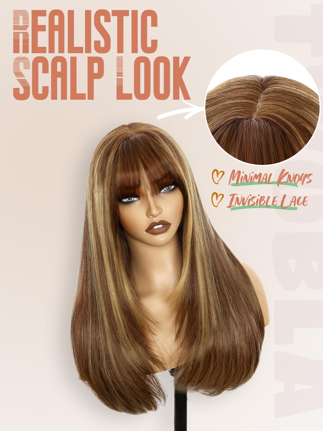 Highlight Caramel Gold Glue-Free Lace Wig for Women | 26-inch Long Straight Synthetic Wig with Curtain Bangs | Heat-resistant, Wear-resistant, No Glue Required | Suitable for Cosplay and Everyday Use