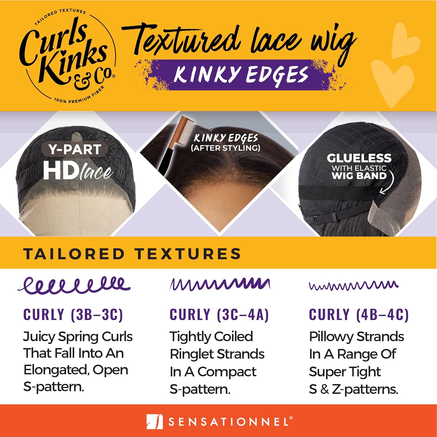 Sensationnel Kinksandco Kinkyedge Curly Wig - Lewd Spiral 24 inch Y-Shaped with partial lace, natural twisted hairline, suitable for 3C to 4C hair texture (BALAYAGECOPPER)