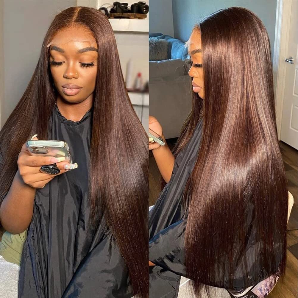 Hermosa 13x4 Chocolate Brown Lace Front Wig, 180 Density, Straight Lace Front Wig, Pre-pickled Hairline #4, Brown Wig, 26 Inches