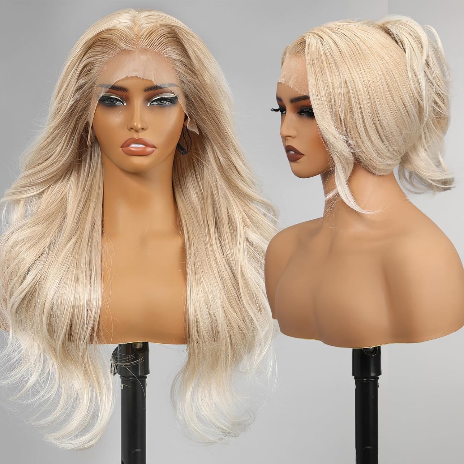Blonde synthetic lace wig, 13x4 high-definition lace layered wave wig without glue, suitable for women's daily use, 26 inches (approximately 50.6 cm).