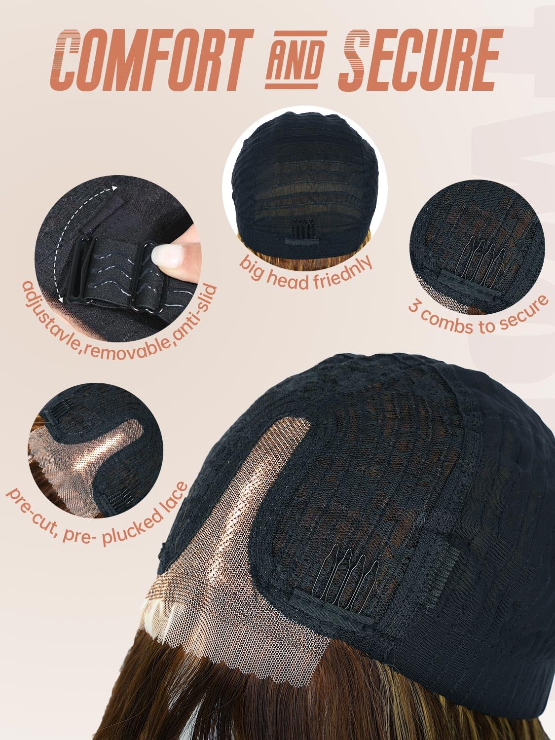 Highlight Caramel Gold Glue-Free Lace Wig for Women | 26-inch Long Straight Synthetic Wig with Curtain Bangs | Heat-resistant, Wear-resistant, No Glue Required | Suitable for Cosplay and Everyday Use