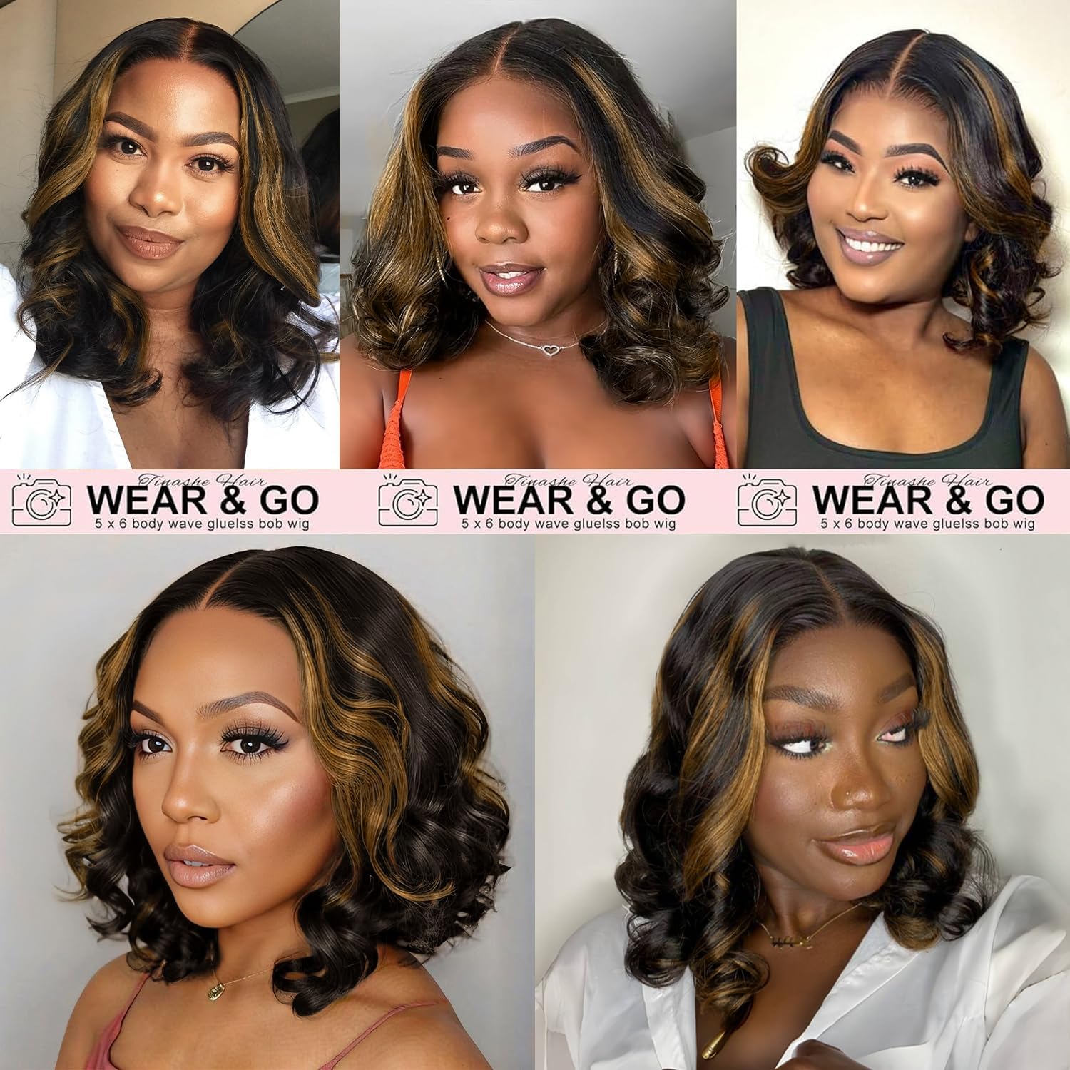 Tinashe Wear and Go Glue-Free Bob Wig, Real Hair 5x6 HD, Lace Closed Wig, Pre-Removed Body Wave Lace Front Wig, Short Real Hair Wig, Suitable for Black Women (Goose Body Bob Wig P1B/2/30, 14 inches)