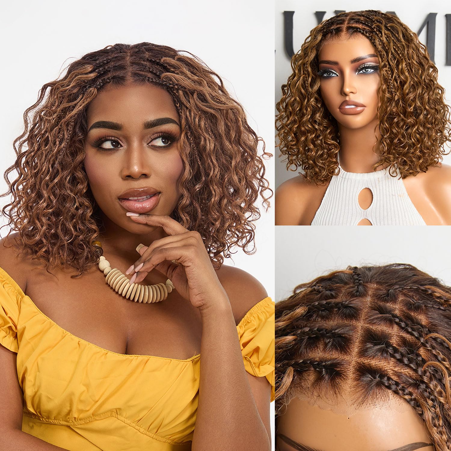 LUVME HAIR Bohemian Style Braided Deep Curly Hair 5x5 Closed Lace, with Braided Bob 10 inch (approx. 30.8 cm) Human Hair Wig, Glue-Free Lace Front 12 inch (approx. 30.8 cm), Pre-cut High-Definition Lace Short Wig, Gradient Brown Glossy Color