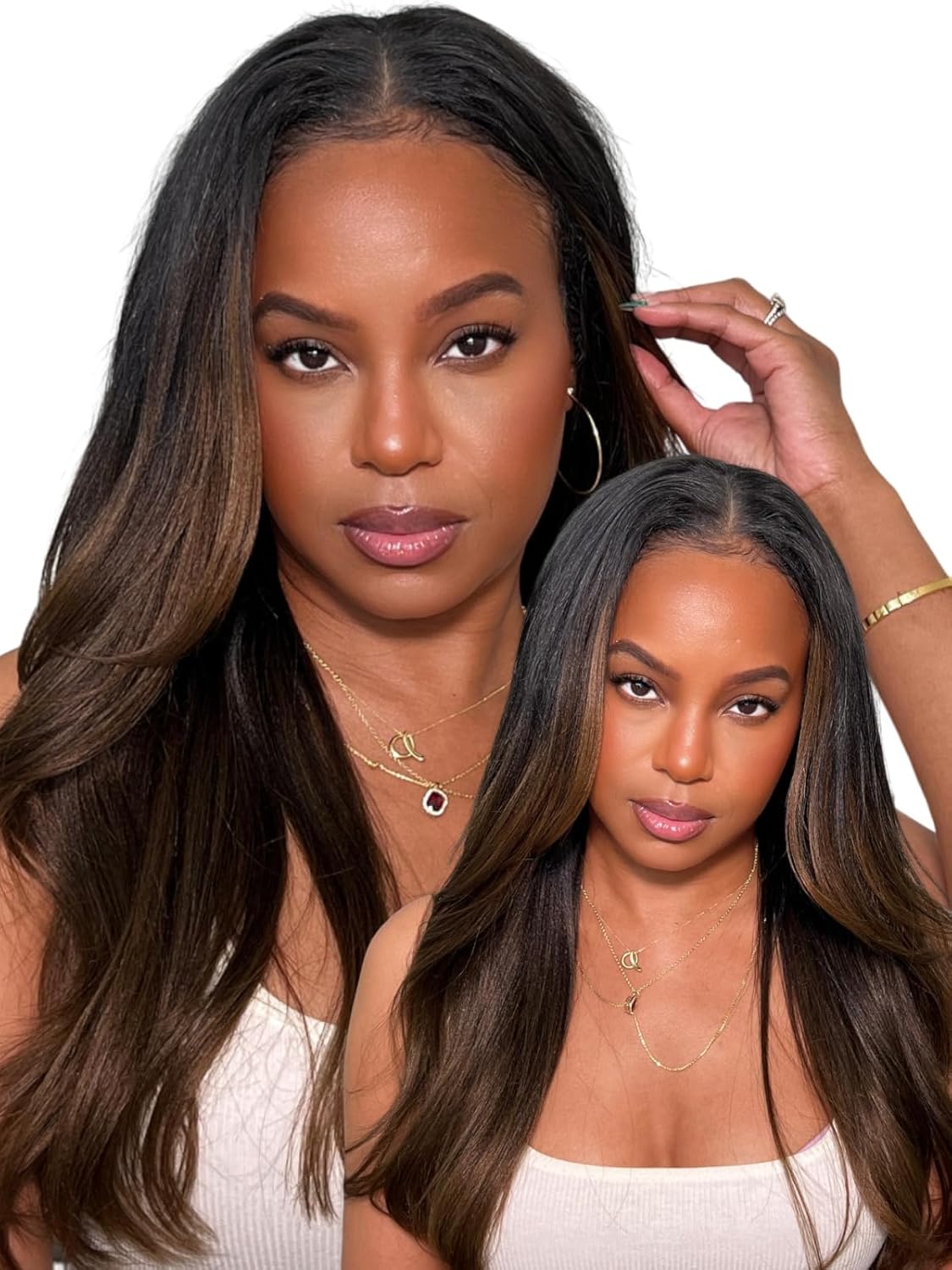 UNICE V Part Wigs - Real Hair Yaki Straightener, Vpart, Glue-Free, Seamless, Gradient Chestnut Brown, Suitable for Beginners, 150% Density, 18 Inches (Approx. 45.7 cm)