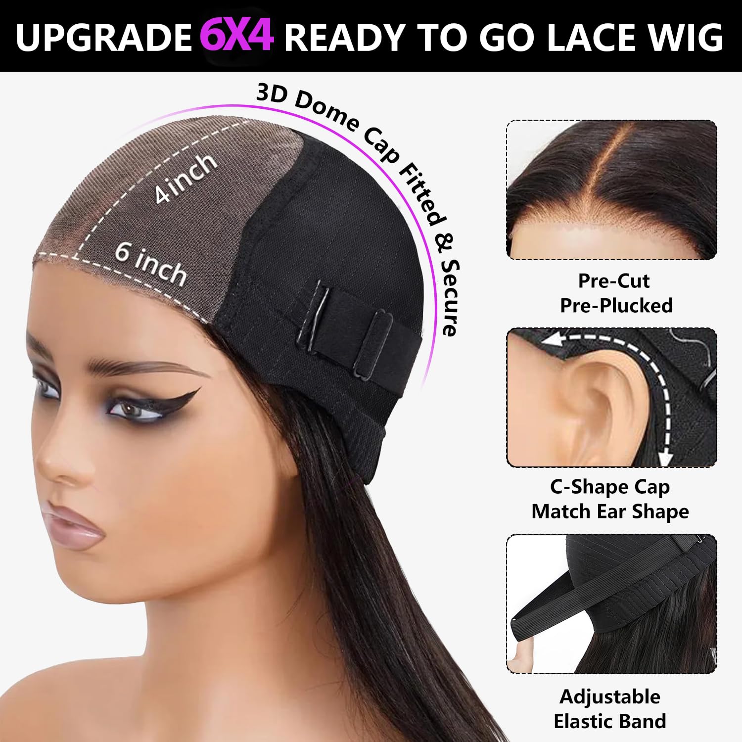 Glue-free, real hair, pre-cut, 6x4cm, straight hair with lace front, 20-inch high-definition lace front wig for women, 180% density, durable, wear-resistant, glue-free wig, black.