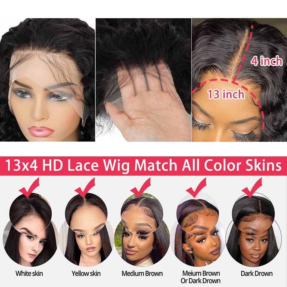 28-inch (approx. 28 cm) deep wavy lace front wig, 200% real hair density, 13x4 high-definition lace front wig, pre-puffed real hair, deep curl wig, women's style, natural black.