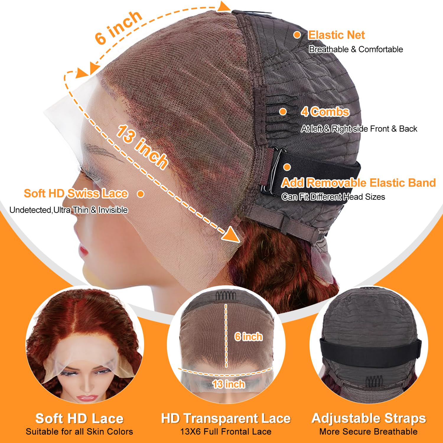 13x4 body wavy lace front wig, real hair, pre-plucked 180 density HD transparent lace front wig, human hair, suitable for women, glue-free wig, real hair, includes baby hair