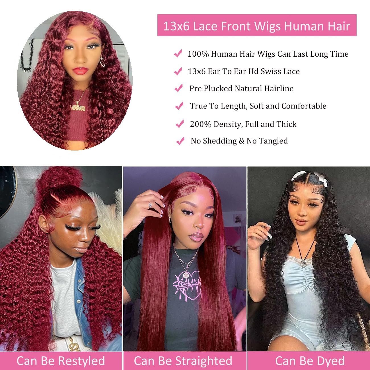 Burgundy wig, 99% real human hair, burgundy, 13x6cm, deep wavy lace front wig, pre-plucked real hair, HD, transparent lace front wig, suitable for Black women, red wig, 20 inches.