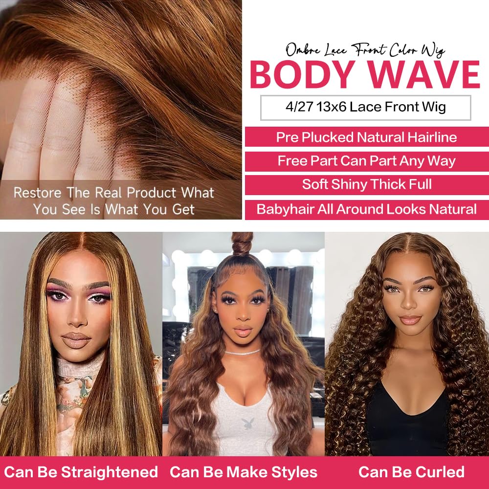 30-inch (approx. 30 cm) Honey Gold Gradient Lace Front Wig, Real Hair 13x6, High Definition Lace Front Wig 4/27, High Gloss Gradient Wave Lace Front Glue-Free Wig, Pre-selected Baby Hair