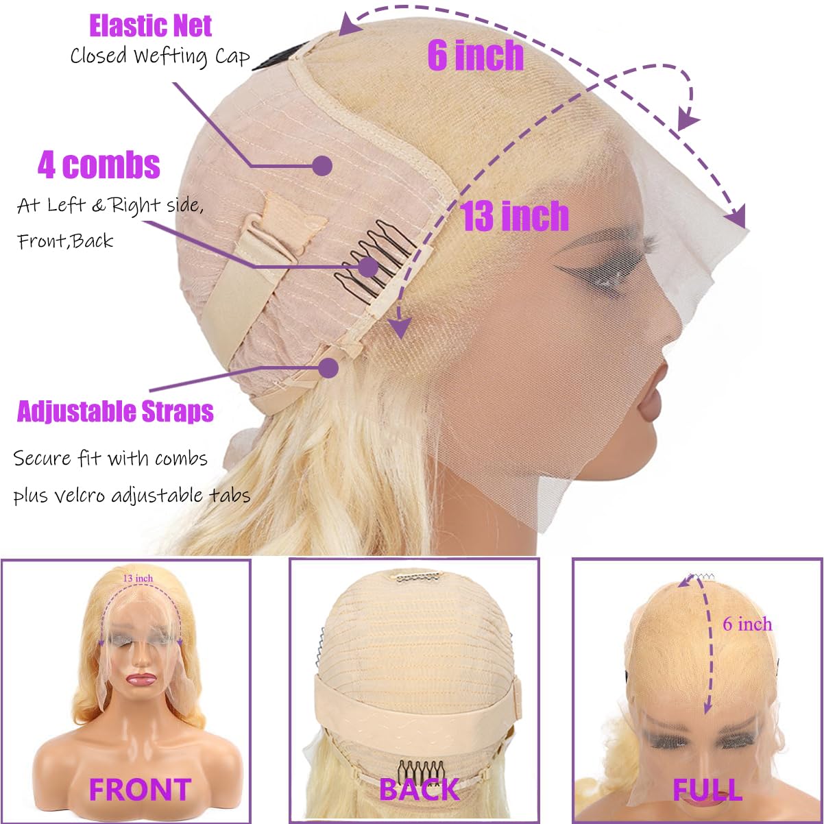 30-inch 613 gold wig, 180% real hair, 13x6 density, wavy lace front wig, real hair, glue-free wig, pre-cut baby hair (30 inches, 613 gold wig)