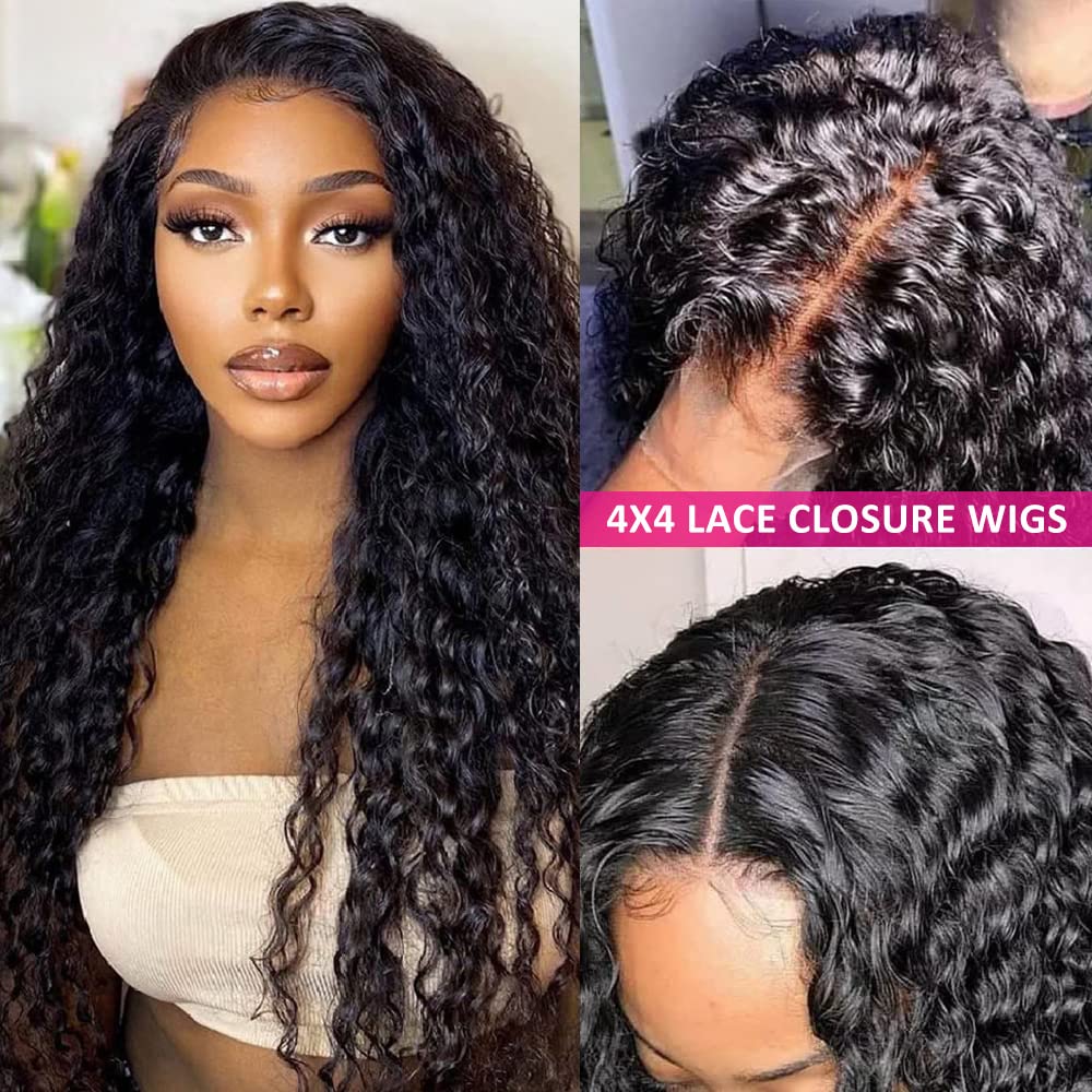 FIRIEYA Deep Wave Lace Front Wig for Black Women, 180% Density, 4x4 HD Transparent Lace Closed Real Hair Wig, Suitable for Black Women, Glue-Free, Natural Baby Hair Color (18 inches)