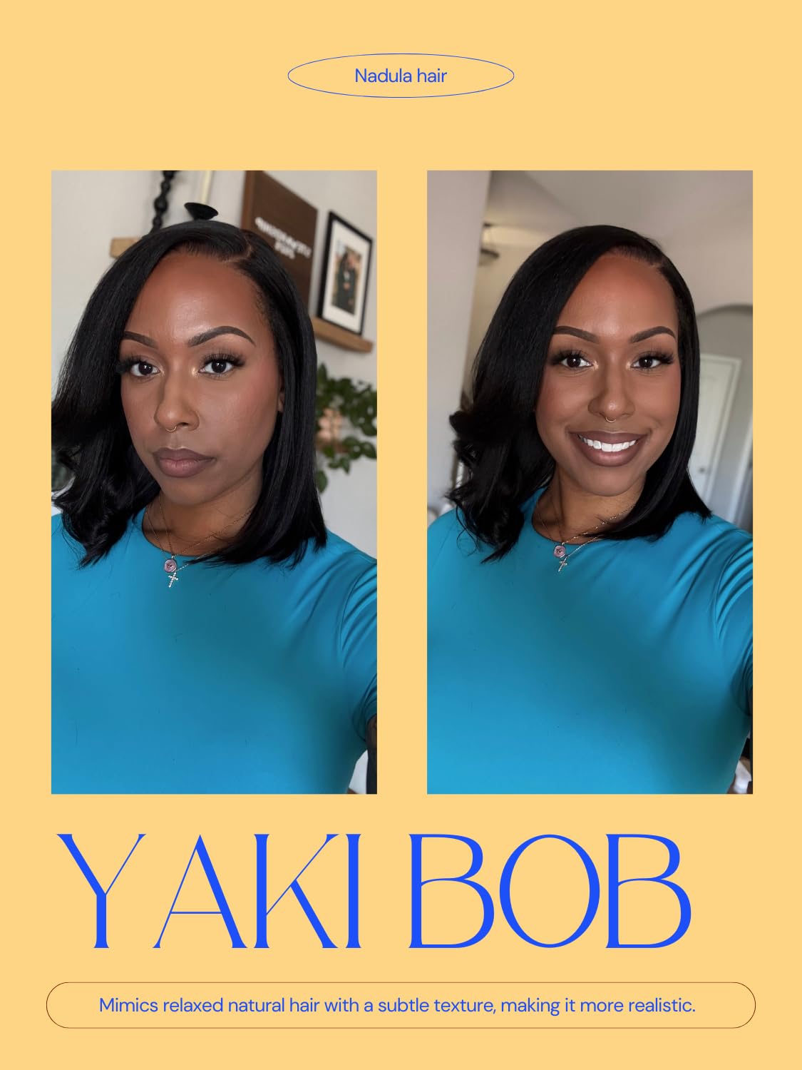 Nadula Yaki Straight Bob Drawstring Wig, Real Hair, Glue-Free, Pre-cut 7x5 HD Bye Bye Knots Lace Front Wig, Real Hair, Pre-picked Invisible Knots, Short Yaki Bob Wig, 150% Density, 12 Inches (approx. 30.5 cm).