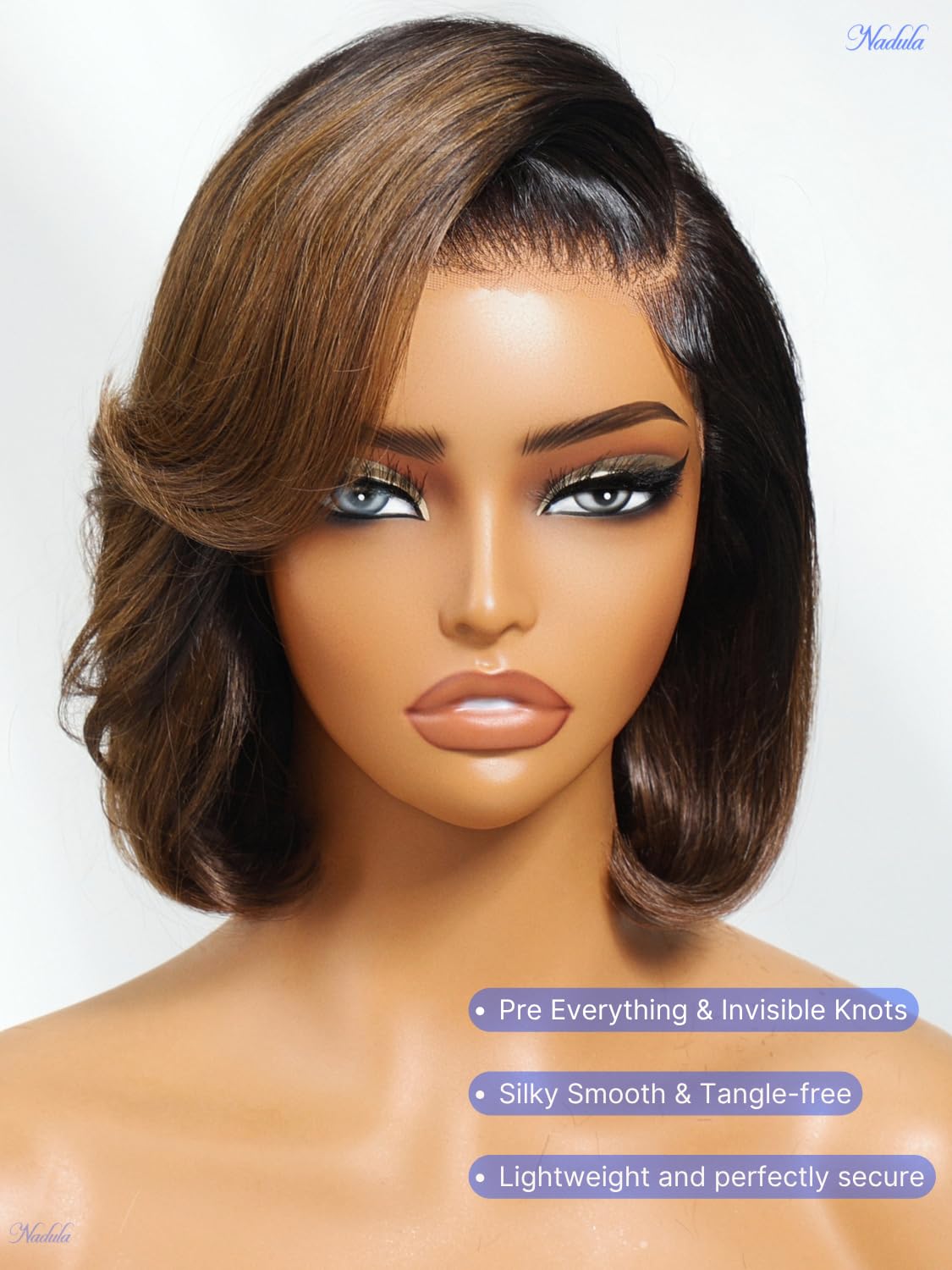 Nadula Glue-Free Goodbye Knot Short Bob Wig with Strap, Real Hair Hairband, Blow-Dry Bangs, Black to Chestnut Brown Gradient, Pre-Cut 7x5 HD Lace Front Wig, Pre-Pulled Bleached Knot, Ready to Wear, 10 Inches (Approx. 25.4 cm).