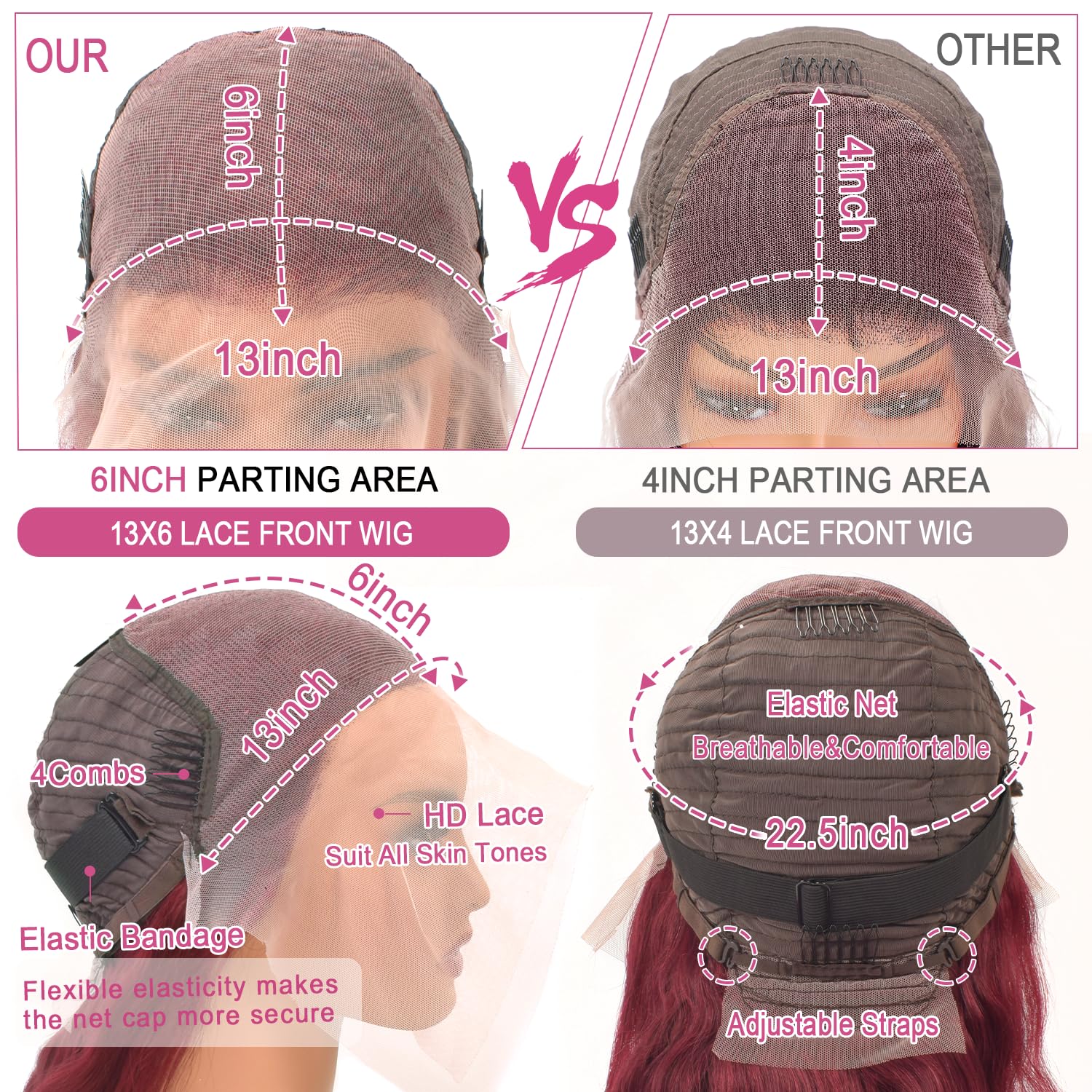 28-inch 99J Burgundy Lace Front Wig, Real Hair 13x6 HD Transparent Body Wavy Lace Front Wig, Pre-Pulled 99J, Burgundy Red Wine Glue-Free Real Hair Wig for Women