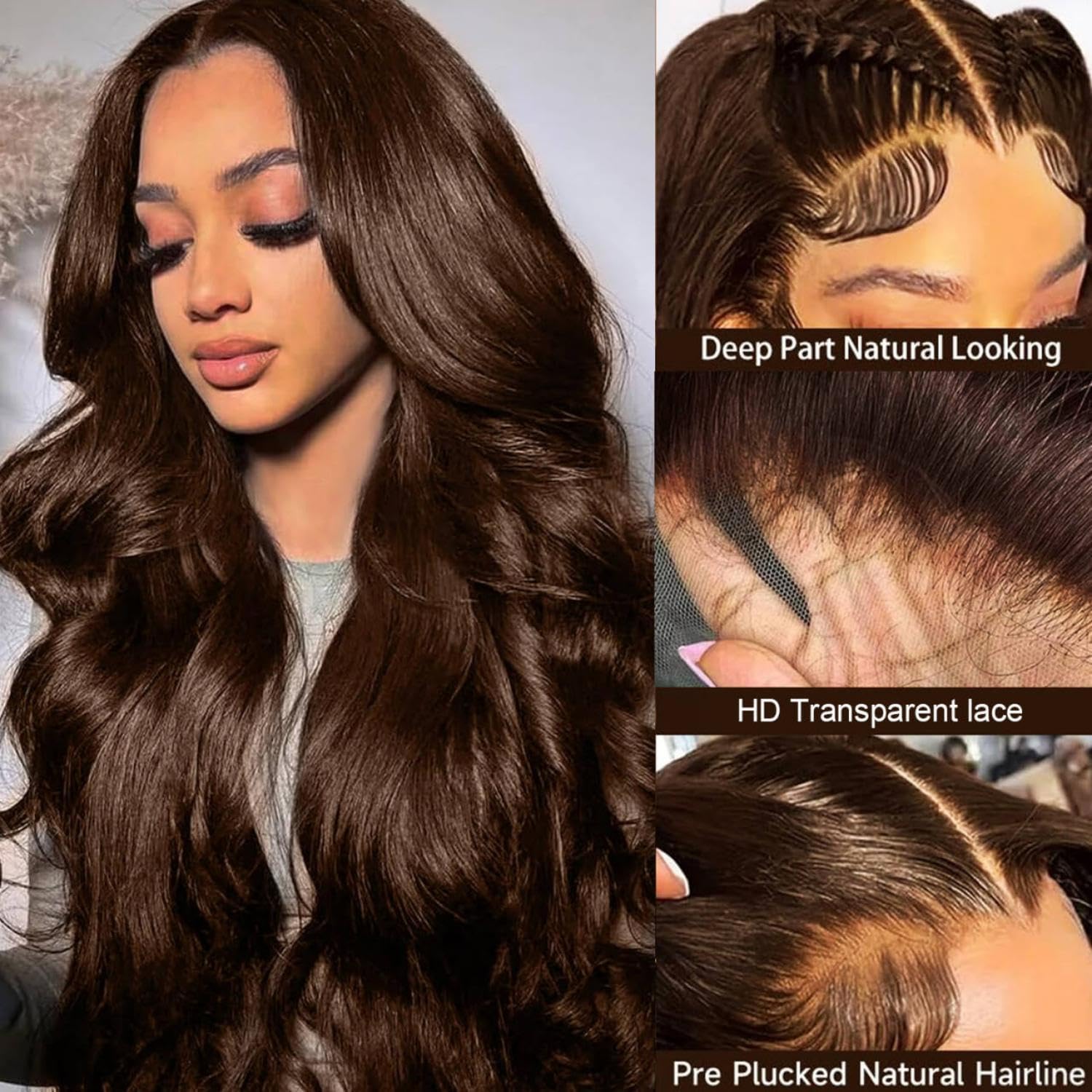 Chocolate brown lace front wig, 200 density, brown waves, 13x4, high-definition lace front wig, real hair pre-plucked and baby hair brown wig, colored #4, front-facing real human hair wig, women's style (30 inches).