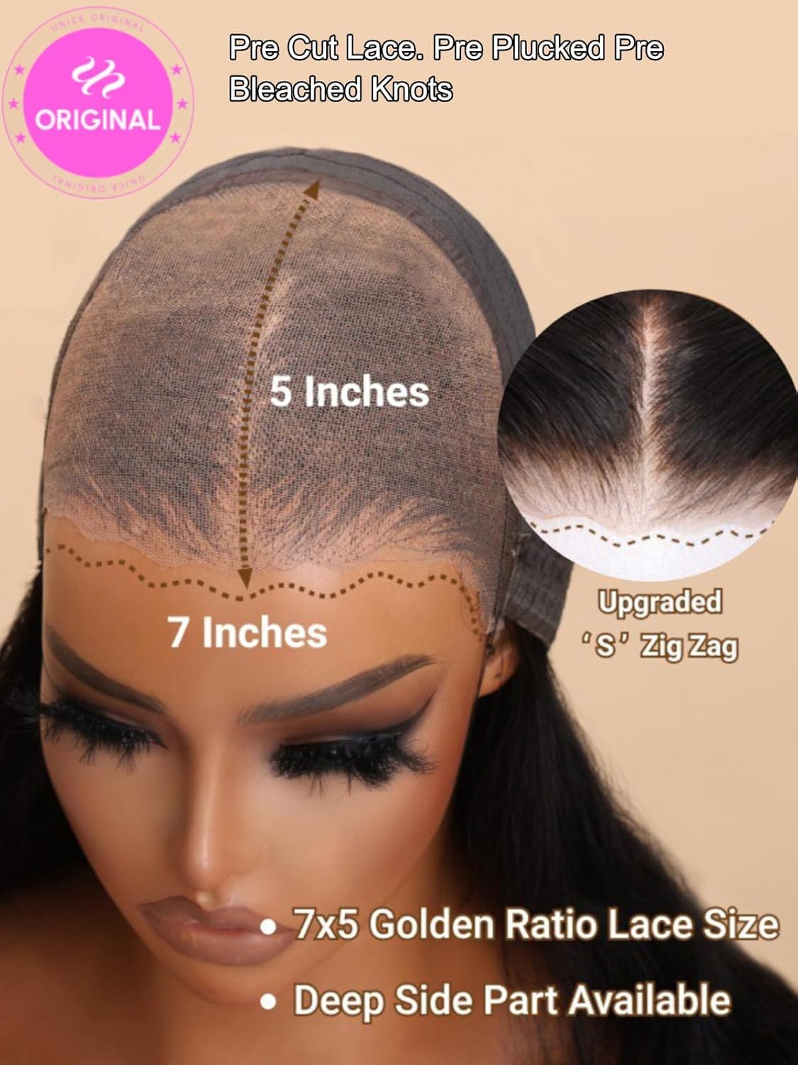 UNICE Bye Bye Bye Knots Wavy Wig 7x5 Pre-cut HD Front Lace Wig with Real Hair and Elastic Drawstring Balayage Brown Glue-free Wig Pre-pulled Bleached Knots Natural Hairline 150% Density 18 inches