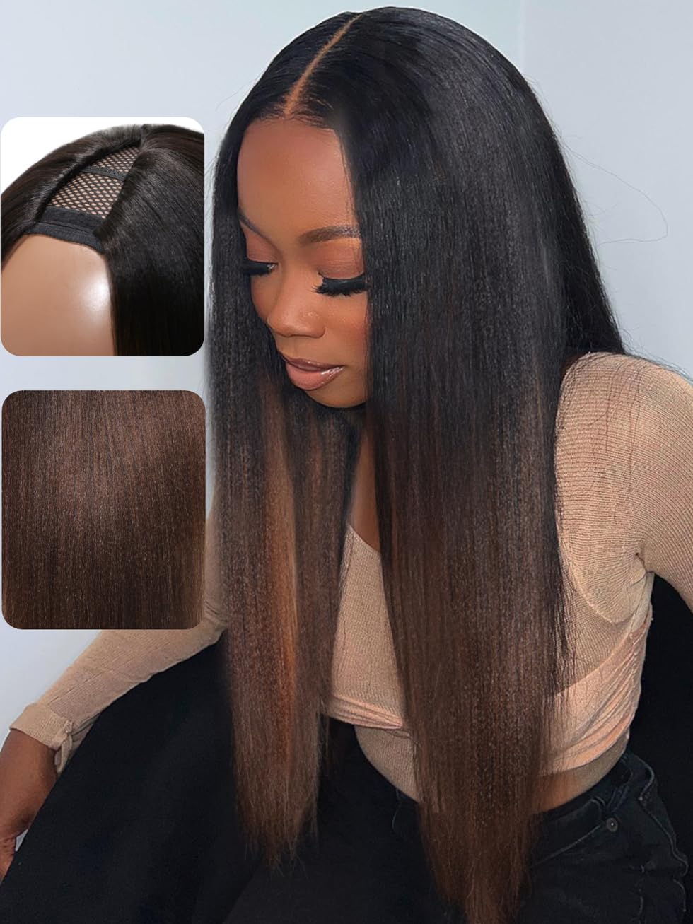 UNICE V Part Wigs - Real Hair Yaki Straightener, Vpart, Glue-Free, Seamless, Gradient Chestnut Brown, Suitable for Beginners, 150% Density, 18 Inches (Approx. 45.7 cm)