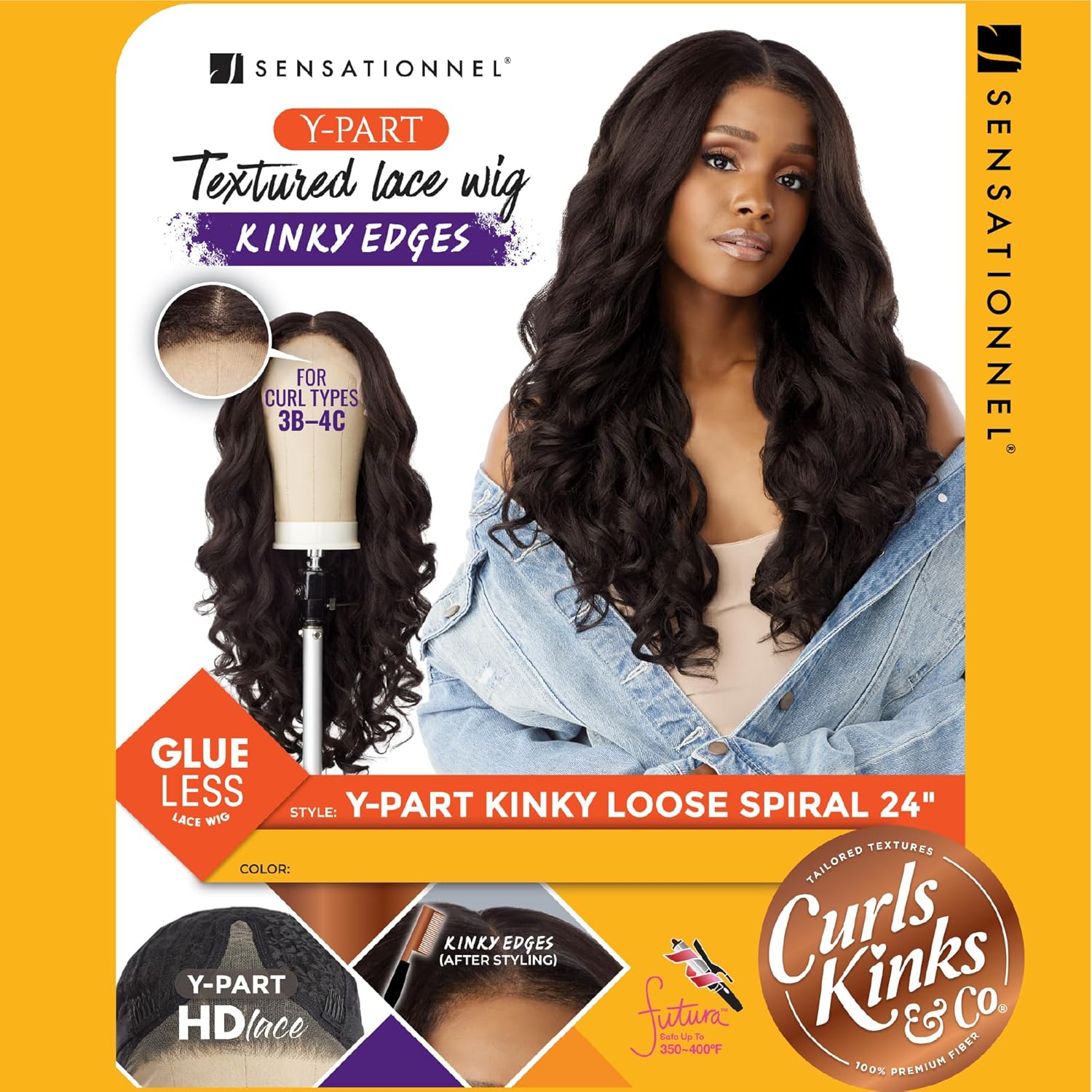 Sensationnel Kinksandco Kinkyedge Curly Wig - Lewd Spiral 24 inch Y-Shaped with partial lace, natural twisted hairline, suitable for 3C to 4C hair texture (BALAYAGECOPPER)
