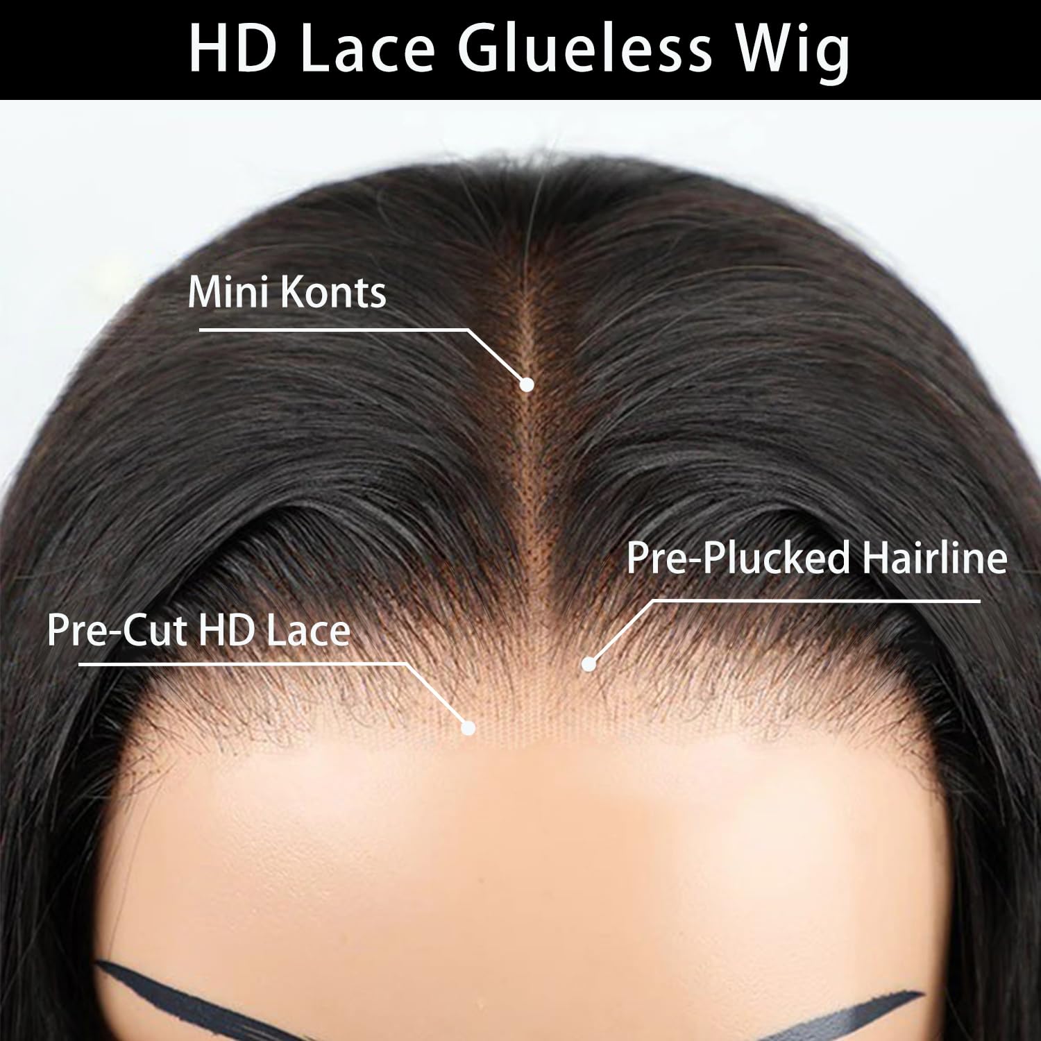 Glue-free, real hair, pre-cut, 6x4cm, straight hair with lace front, 20-inch high-definition lace front wig for women, 180% density, durable, wear-resistant, glue-free wig, black.