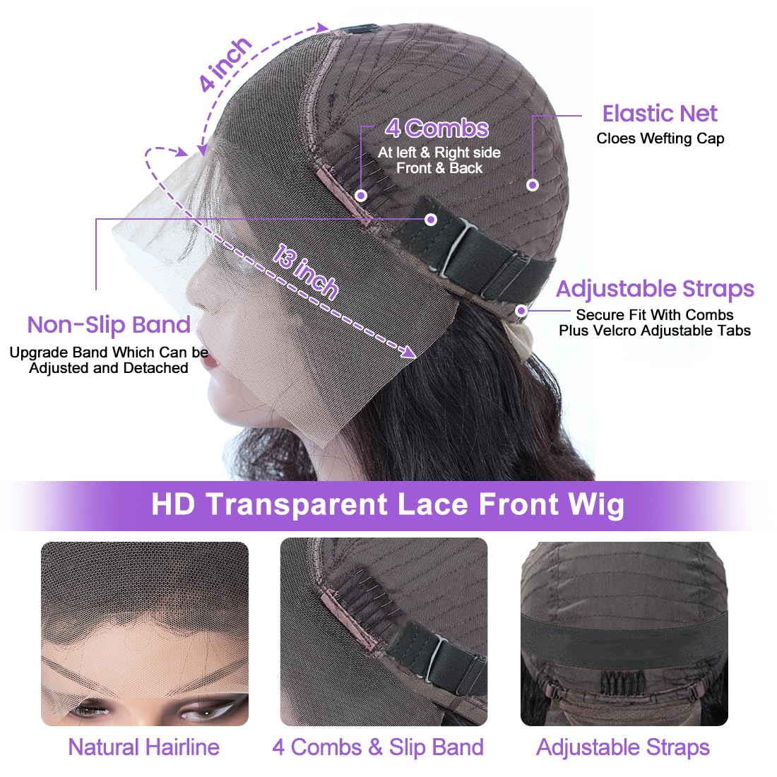 13x4 body wavy lace front wig, real hair, pre-plucked 180 density HD transparent lace front wig, human hair, suitable for women, glue-free wig, real hair, includes baby hair