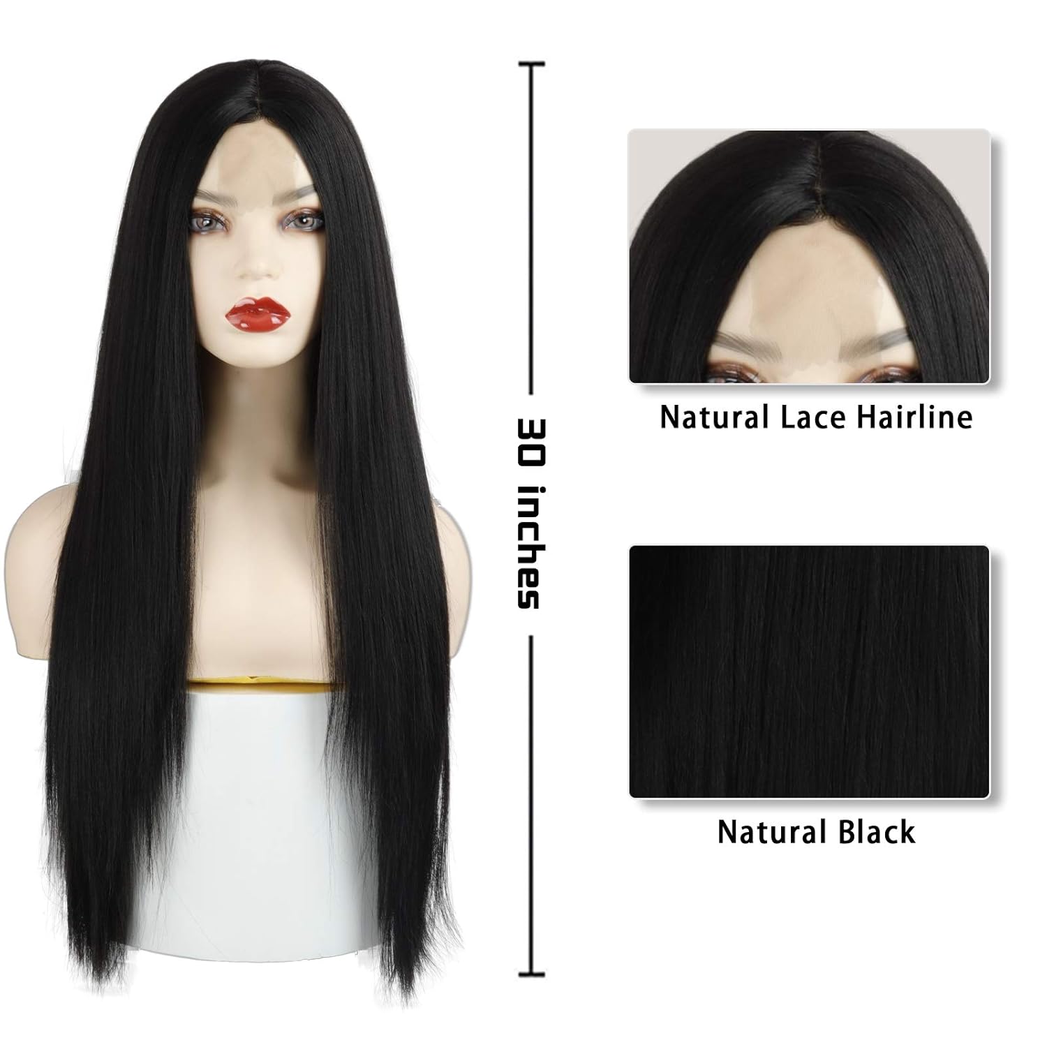 Xinran Women's Long Straight Black Wig, Synthetic Black Straight Wig, Natural Black Long Wig, 30 inches (approx. 76.2 cm) (Black)
