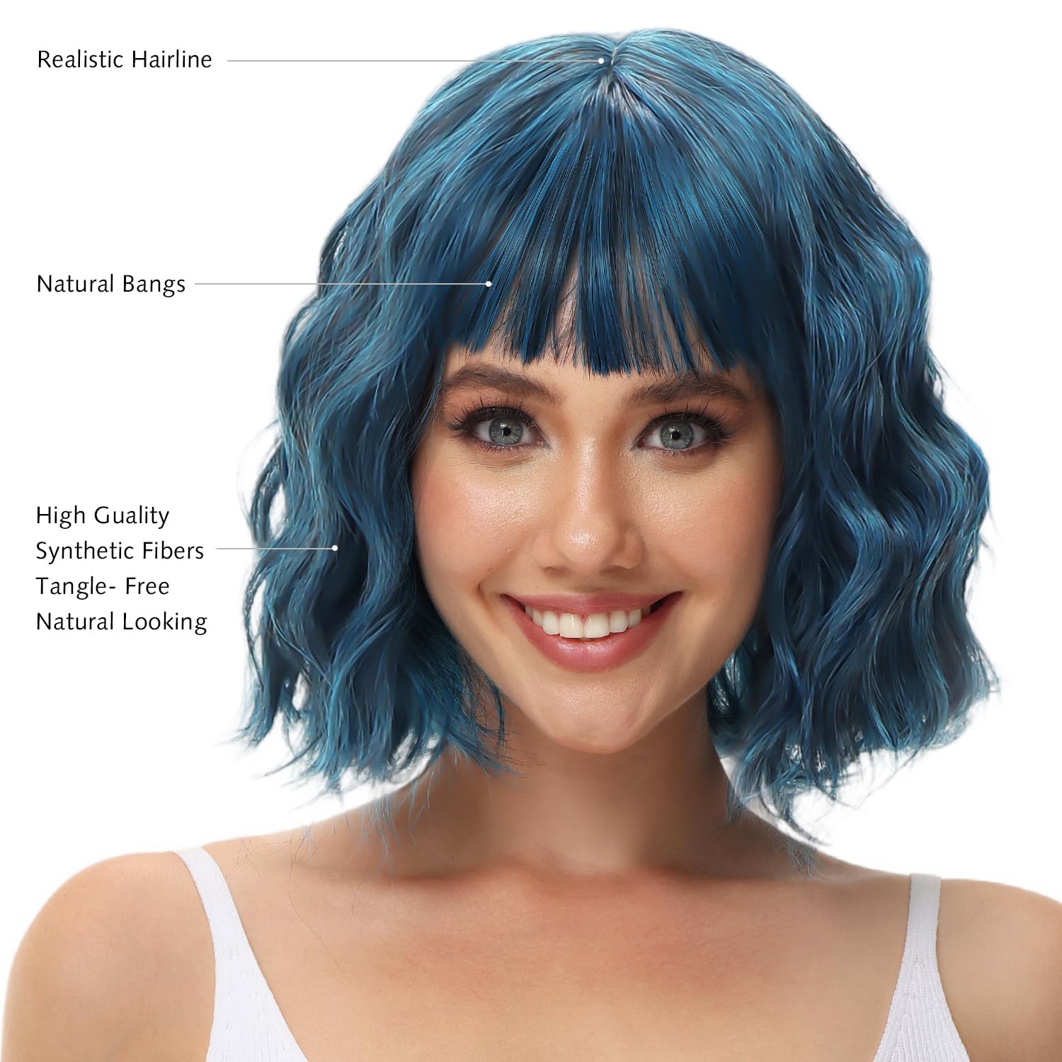 Rose Bud wavy bob wig with bangs, natural blue synthetic hair, shoulder length, short curly wig for women.v